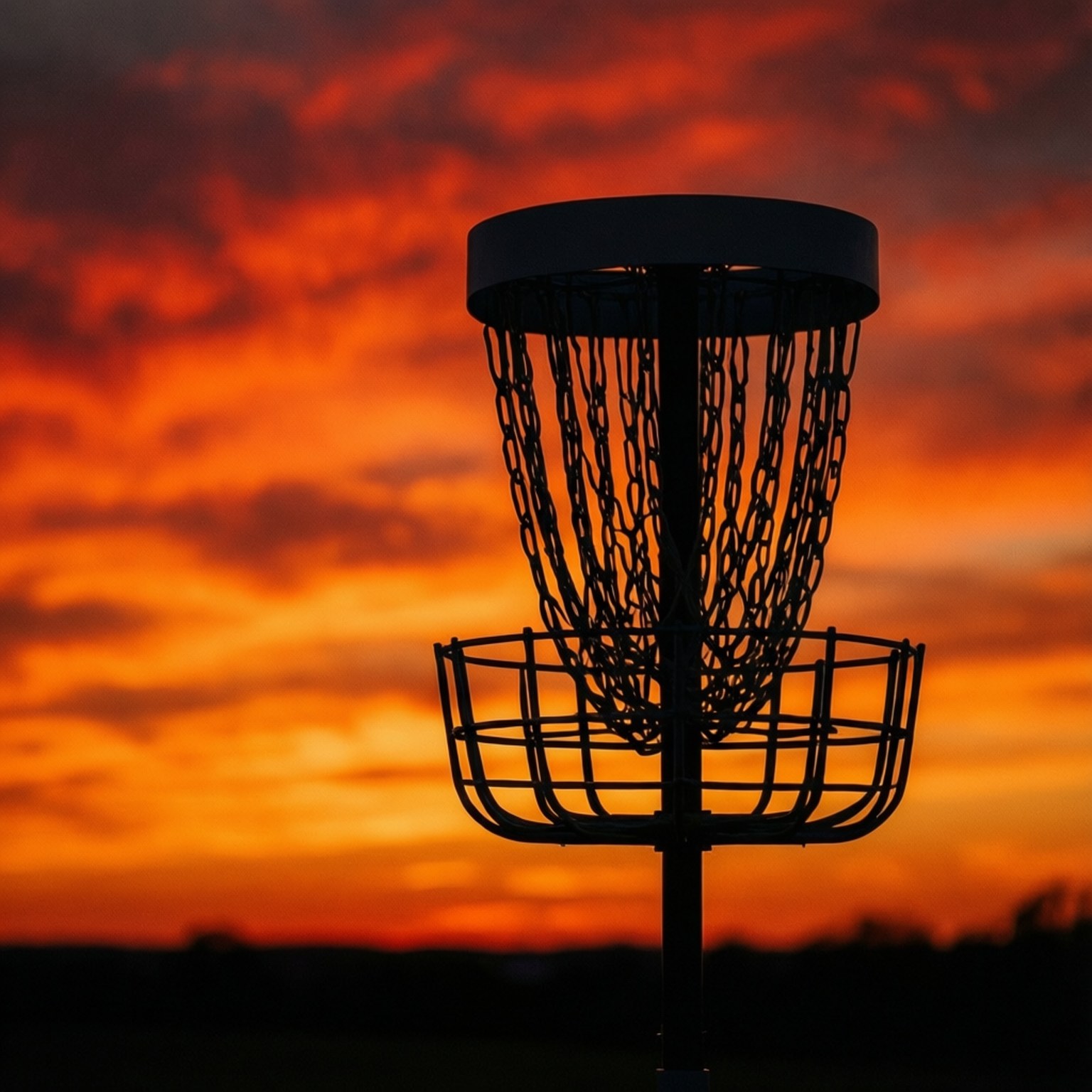 Disc Golf Basket 桌布 壁紙 — 飛盤高爾夫球籃框在火紅橙色的日落天空下的剪影。