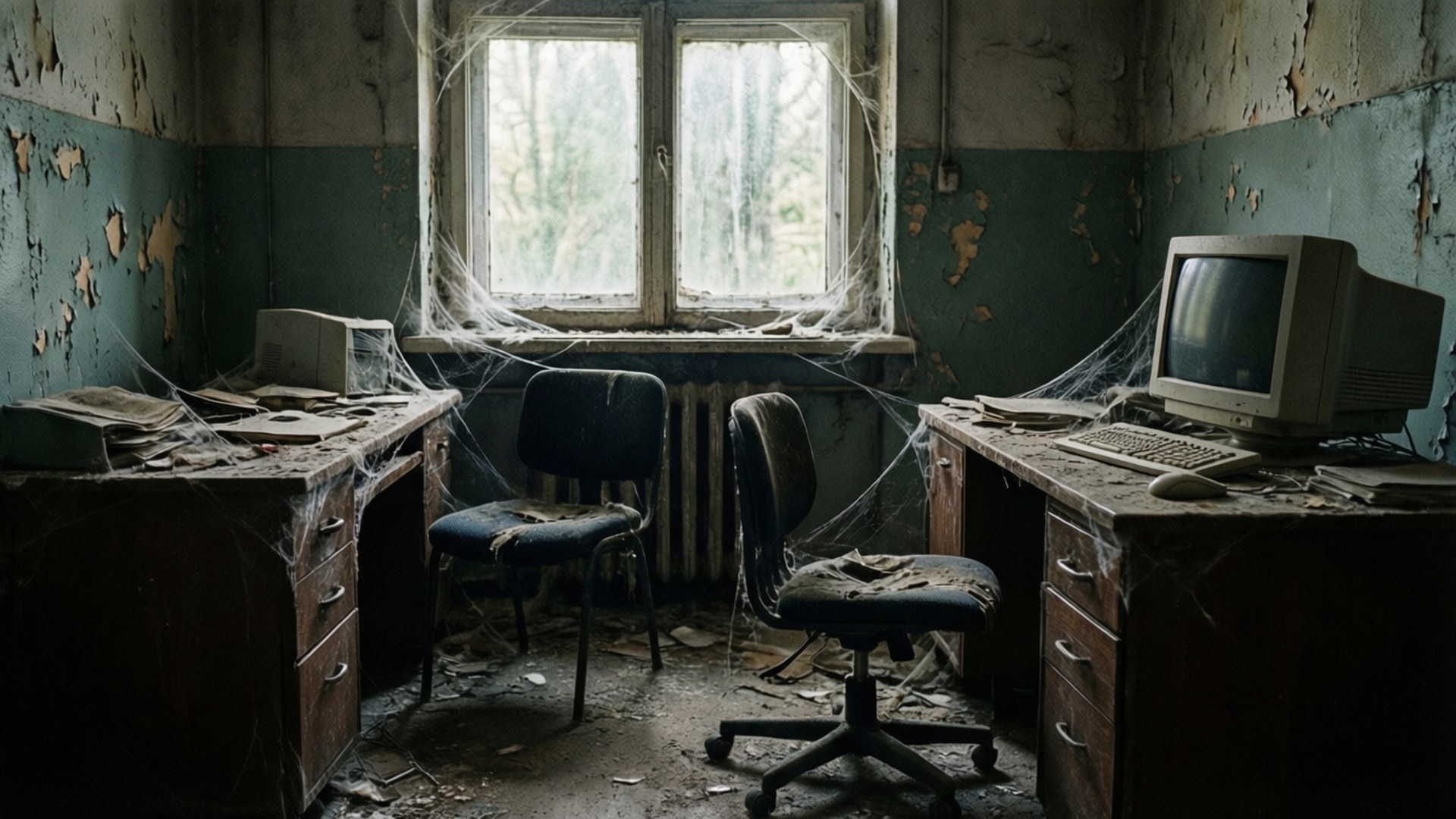 Forgotten Office Remains 壁紙 — 一個廢棄的辦公室，佈滿灰塵的桌子、舊電腦和椅子，在骯髒的窗戶下覆蓋著蜘蛛網。