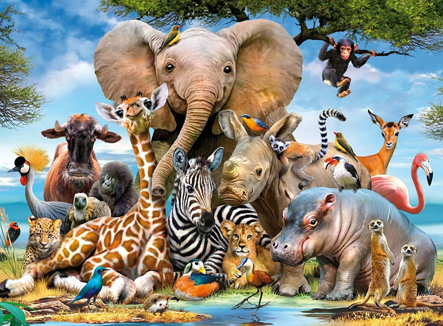 Kawaii Elephant 桌布 壁紙 — 一個充滿活力的叢林場景，包含多種非洲動物，包括大象、長頸鹿、斑馬和河馬，聚集在一個水坑附近，天空湛藍。