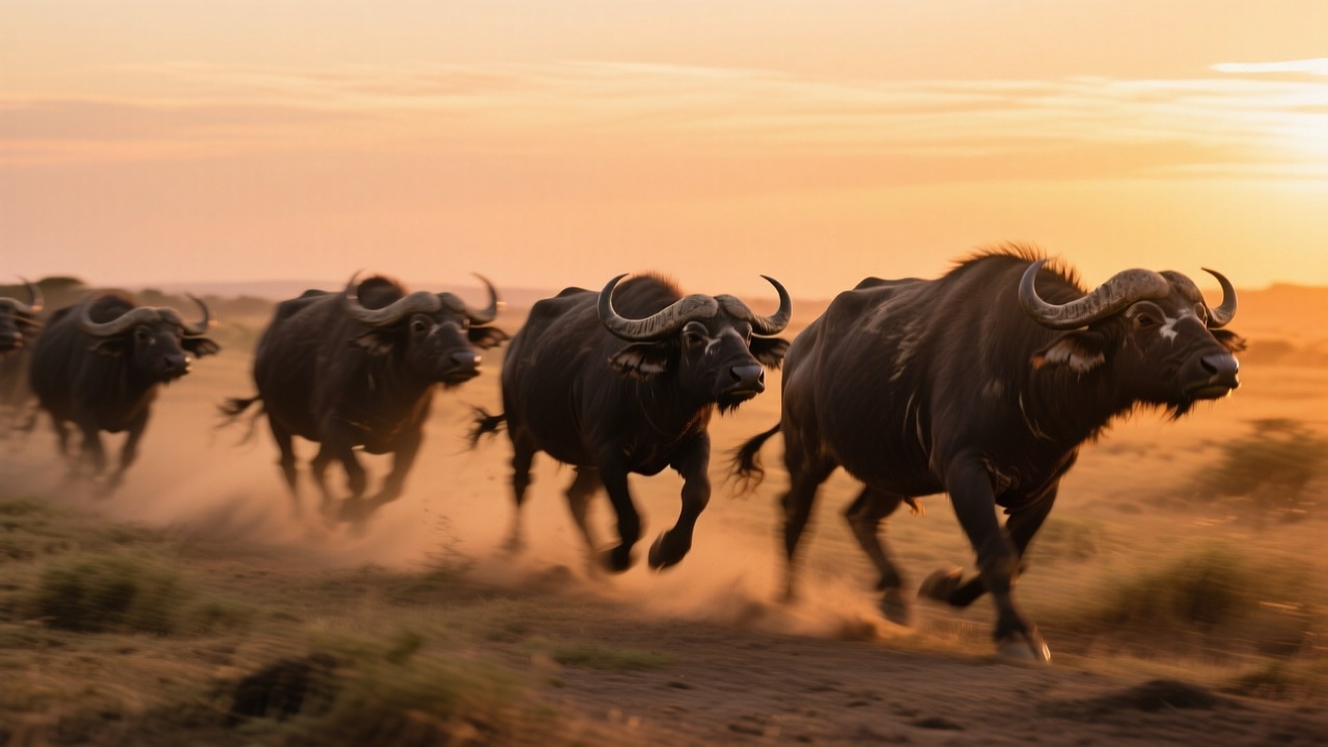 Running Herd of Oxen 壁紙 — 一群非洲水牛在金色日落時分奔馳過塵土飛揚的稀樹草原，揚起陣陣塵土。
