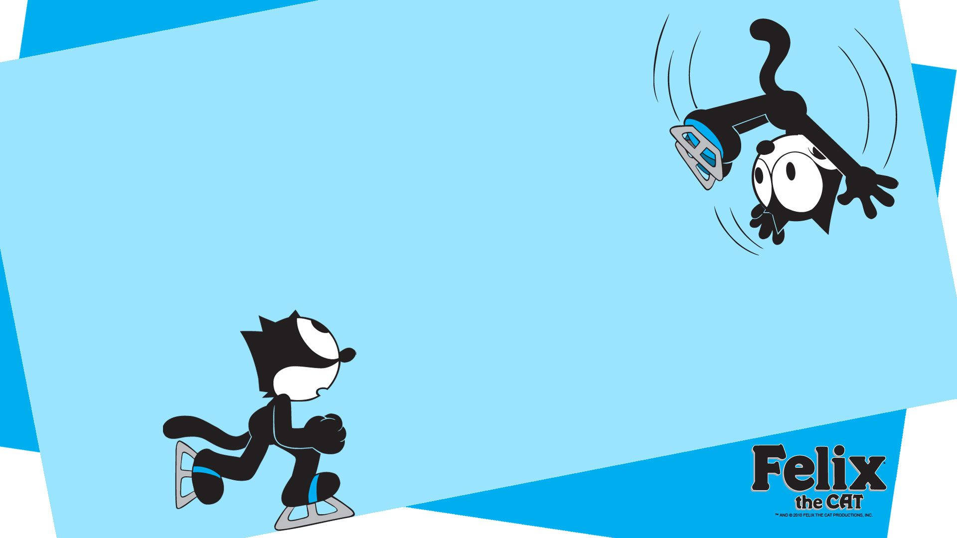 Felix 桌布 壁紙 — Felix the Cat 充滿活力地溜冰，同時他的頭在空中滑稽地旋轉，背景是明亮的藍色。