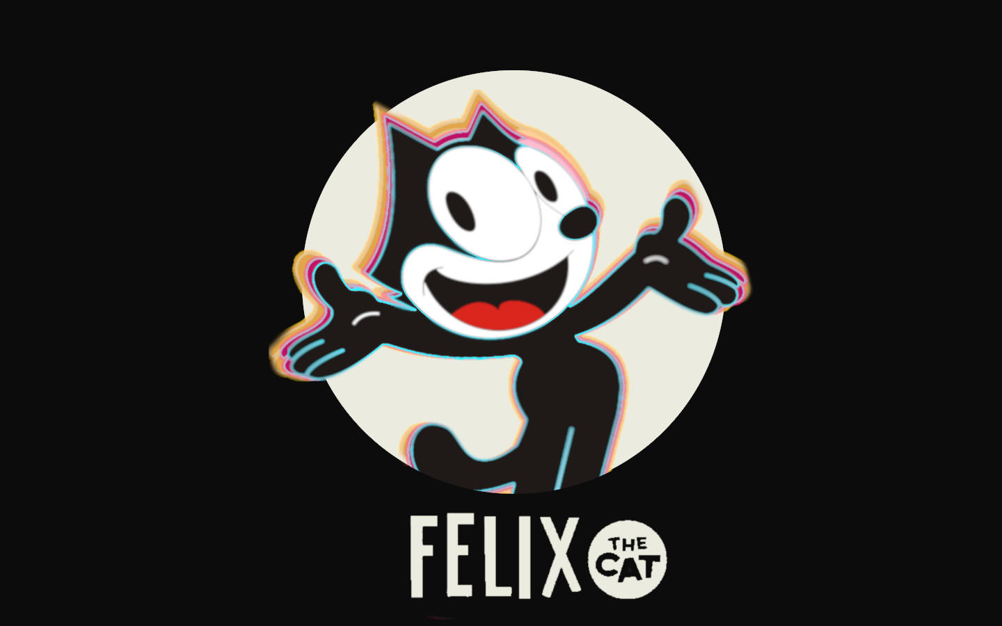 Felix The Cat 桌布 壁紙 — Felix the Cat 卡通角色帶有彩虹故障效果，在黑色背景的圓圈內微笑揮手。