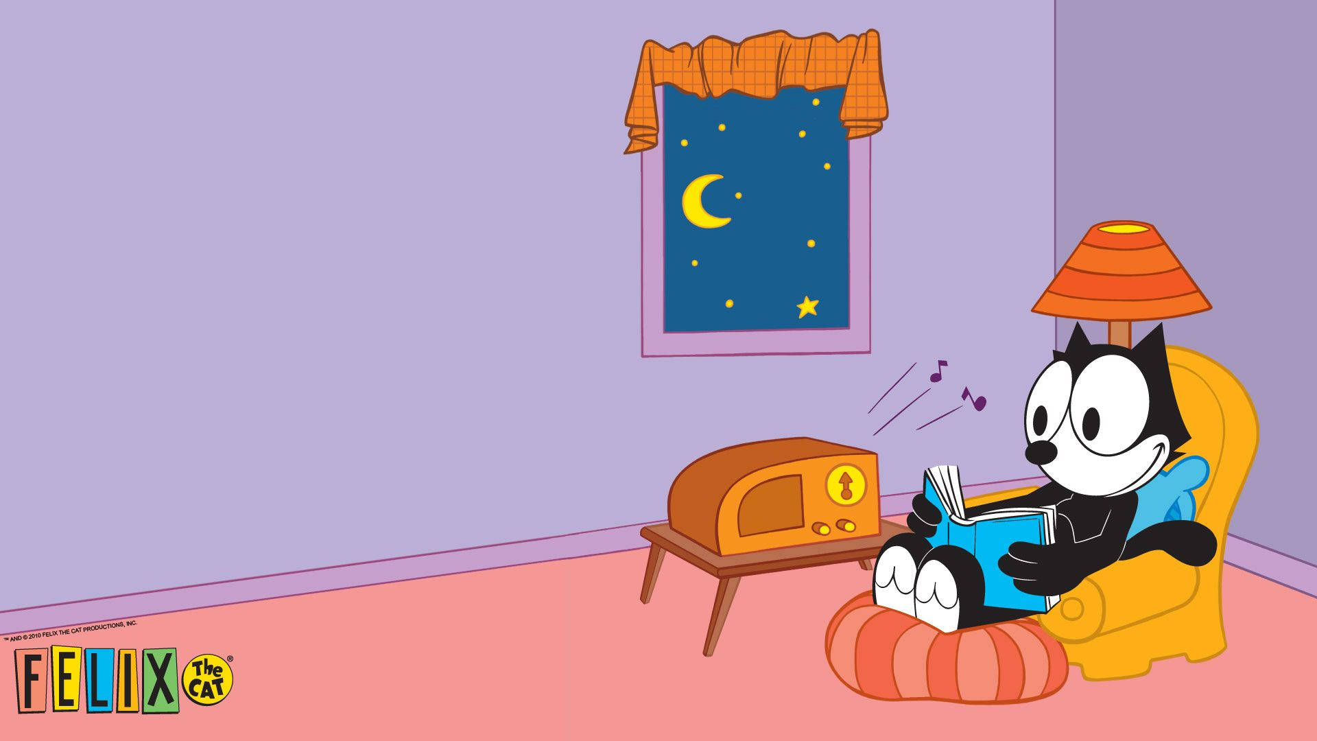 Felix 桌布 壁紙 — Felix the Cat 坐在黃色扶手椅上，在燈下看書，一彎新月透過窗戶照進來。