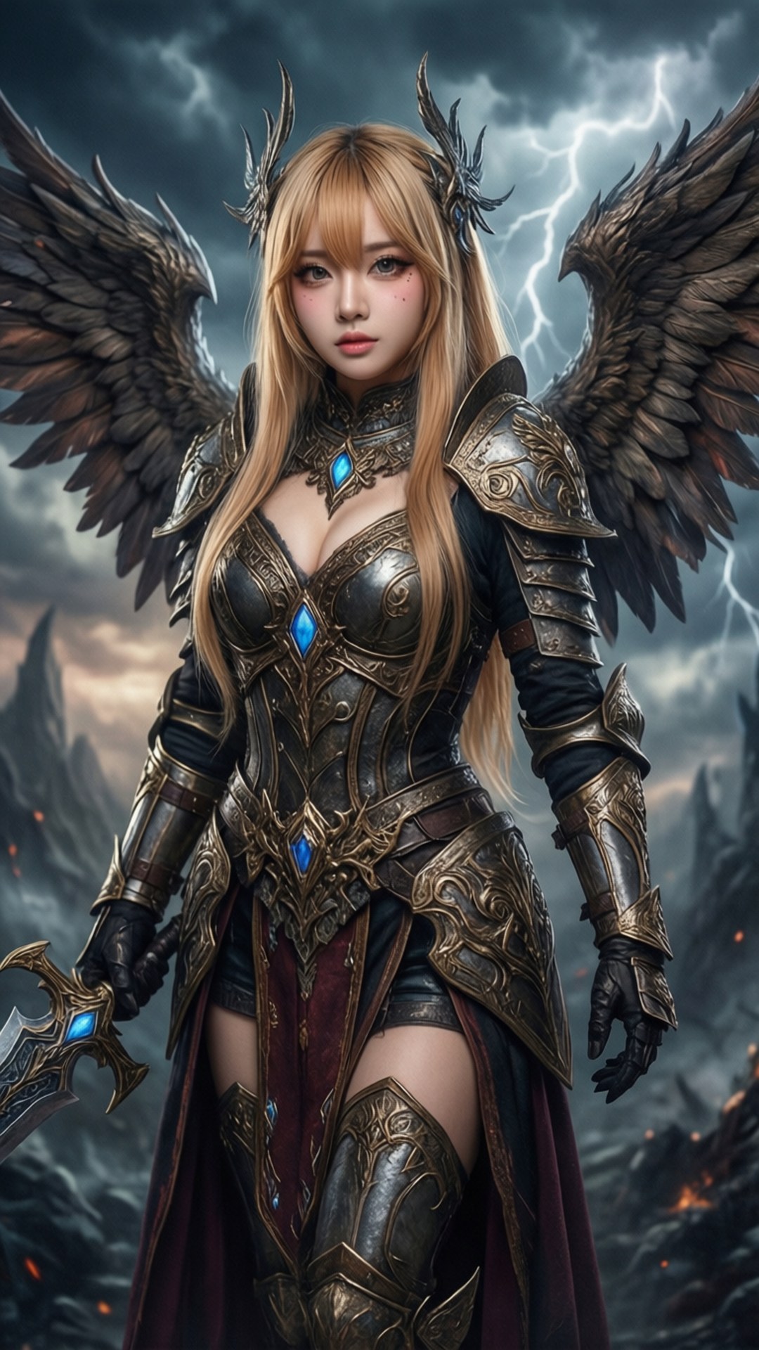 Valkyrie Pokimane 壁紙 — 一位女性天使戰士，身穿華麗的金色盔甲，擁有羽毛翅膀，在雷電交加的暴風雨天空中蓄勢待發。