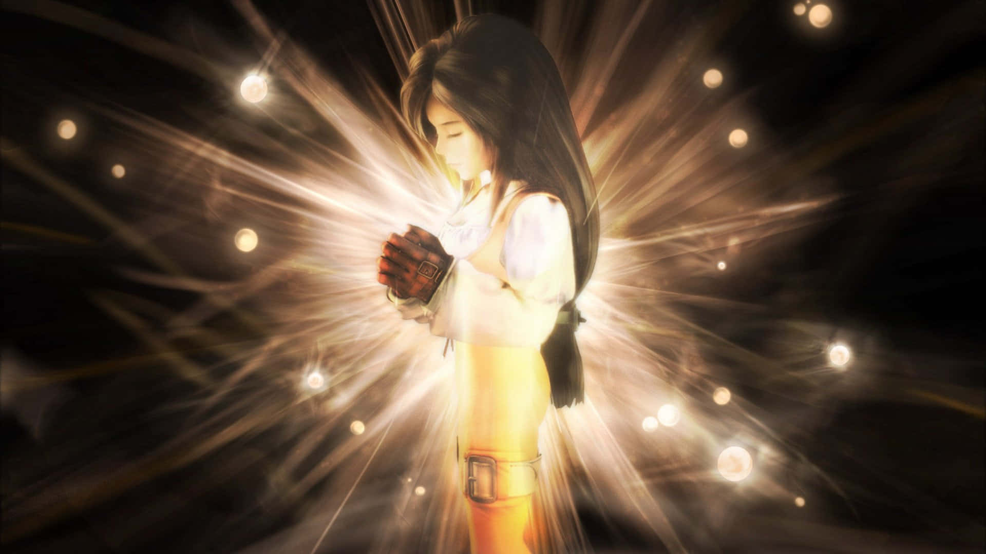 Final Fantasy Ix 桌布 壁紙 — 一個長著深色長髮的女性動漫角色，在黑暗背景中站在燦爛的金色光束中。