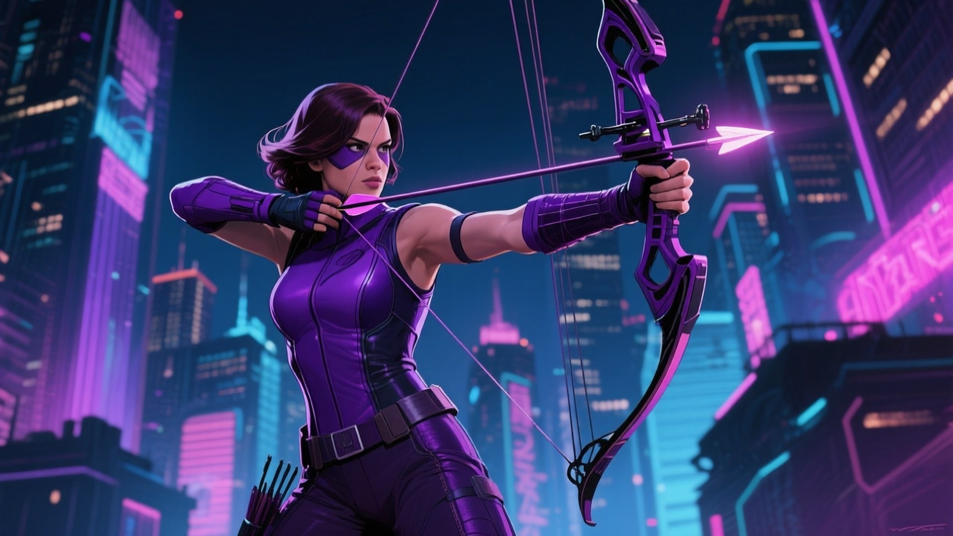 Neon Hawkeye City 壁紙 — 一位身穿紫色盔甲的女弓箭手在霓虹燈光下的賽博龐克城市景觀中拉開發光的弓。