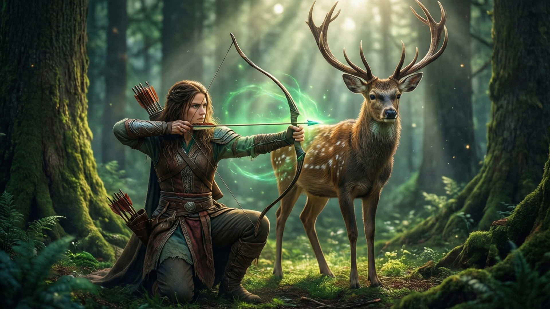 Archer and Deer in Forest 壁紙 — 一位女弓箭手跪在陽光明媚的森林中，用發光的綠色箭矢瞄準一頭雄偉的鹿。