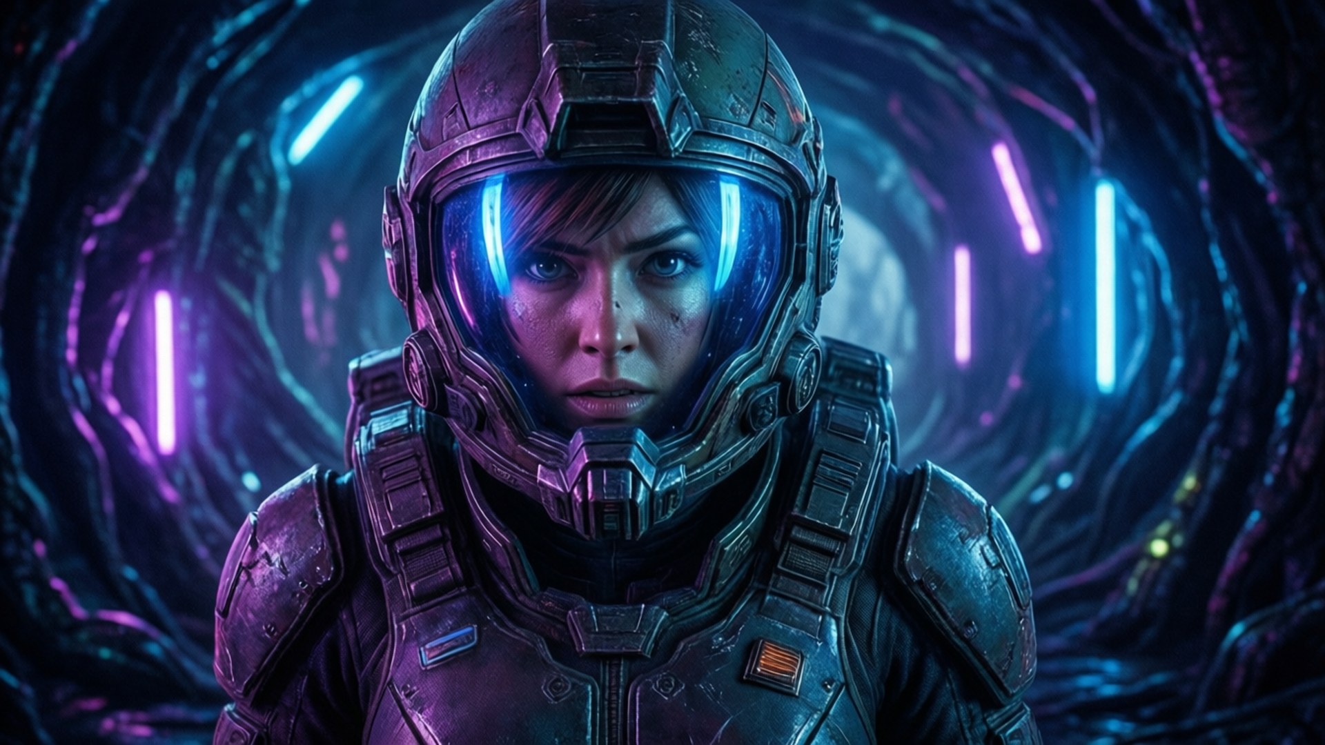 Nintendo Switch Games 桌布 壁紙 — 一位女太空人戴著精細的頭盔，透過一條散發藍色和紫色光芒的霓虹隧道凝視著。