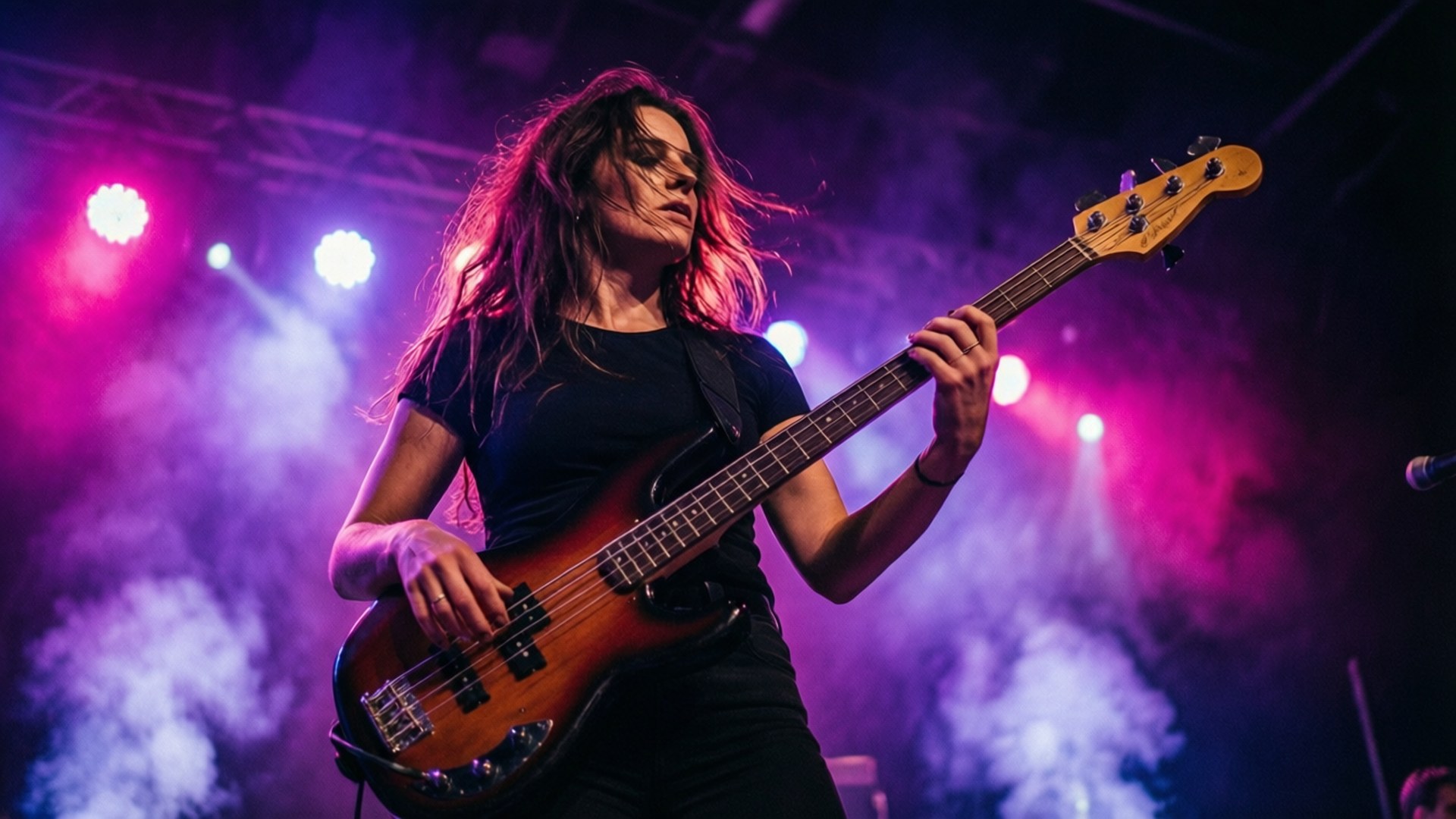 Bassist in Neon 壁紙 — 一位長髮飄逸的女貝斯手在充滿活力的粉紅色和紫色舞台燈光下，伴隨著旋轉的煙霧，熱情地演奏。