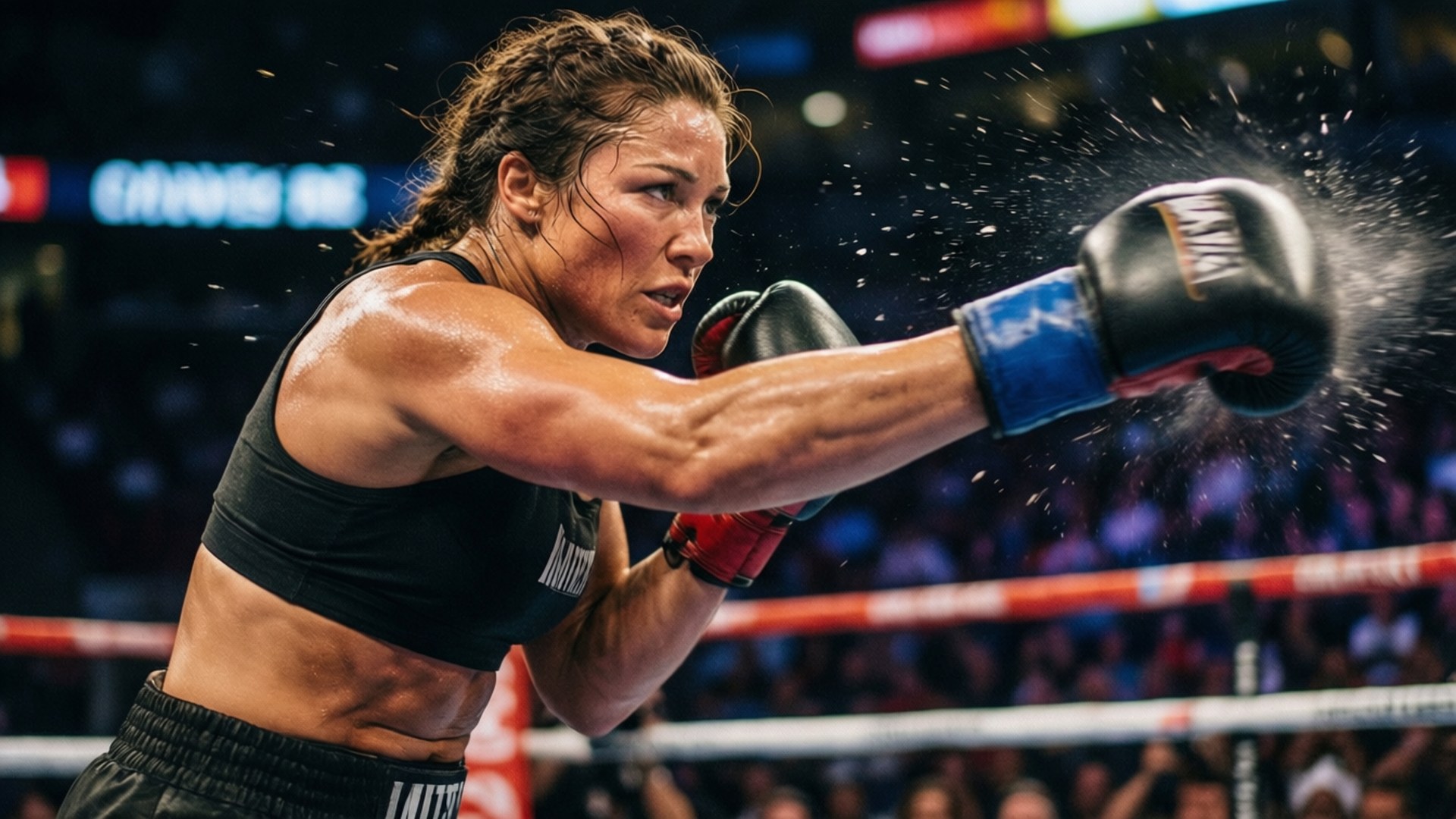 Ronda Rousey 桌布 壁紙 — 一名女拳擊手在燈光明亮的擂台上打出強力一拳，汗水飛濺，背景人群模糊。