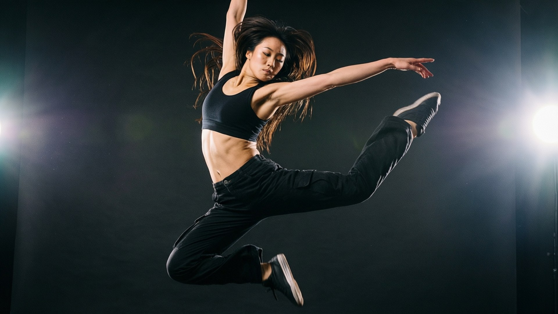 Power Leap Spotlight 壁紙 — 一位女舞者在黑暗的攝影棚背景下，被明亮的聚光燈照亮，動態地躍起在空中。