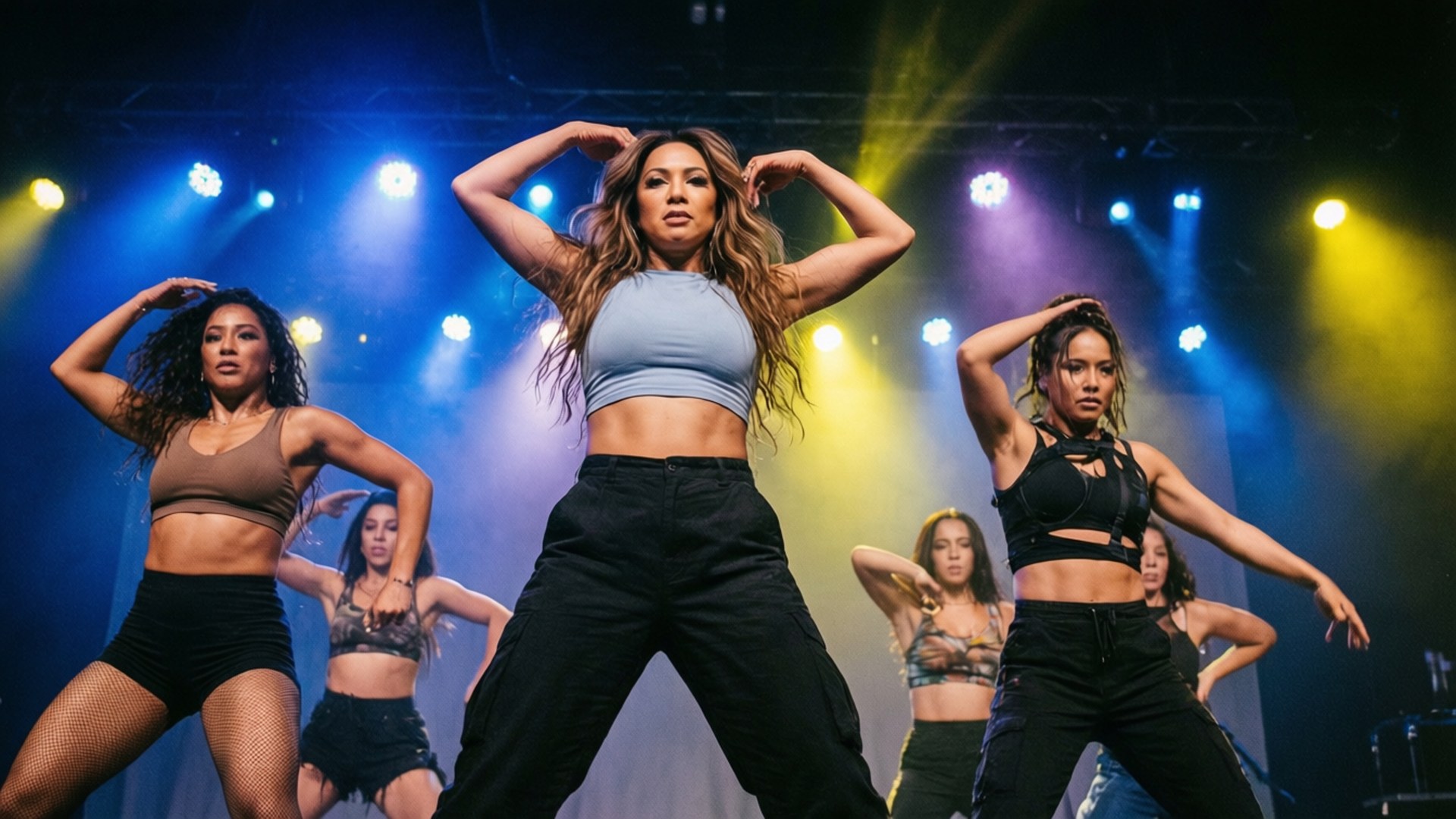 Choreography Power 壁紙 — 一群女舞者在充滿活力的藍色和黃色舞台燈光下擺出同步的姿勢。