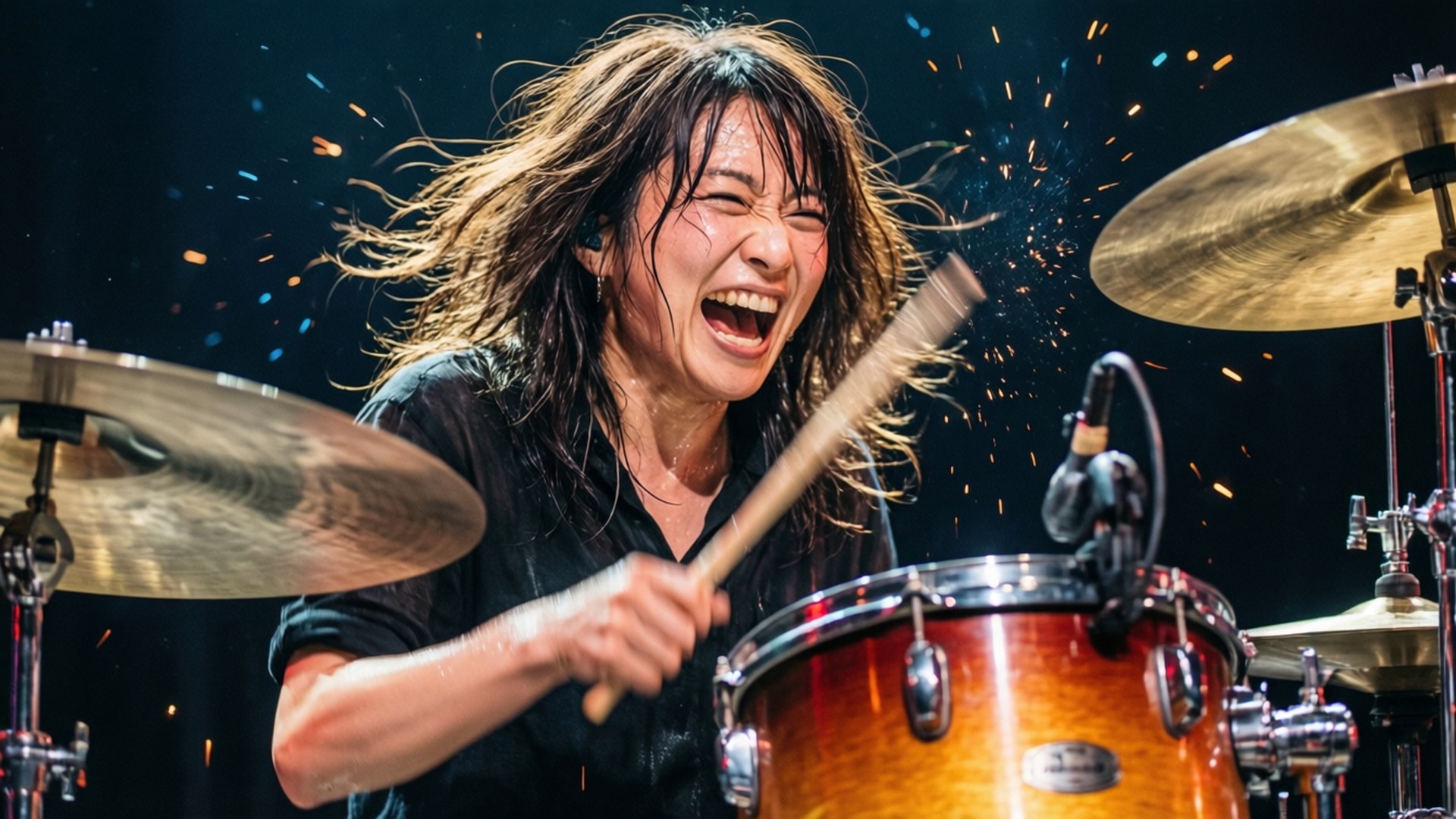 K-ON！輕音部 桌布 壁紙 — 一位頭髮狂野的女鼓手在敲擊鈸和鼓時激情尖叫，火花四濺。