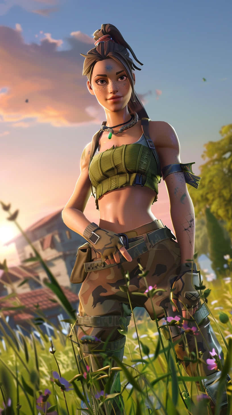  壁紙 — 一個身穿戰鬥裝備的女性Fortnite角色，在日落時分自信地站在陽光普照的高草和野花田野中。