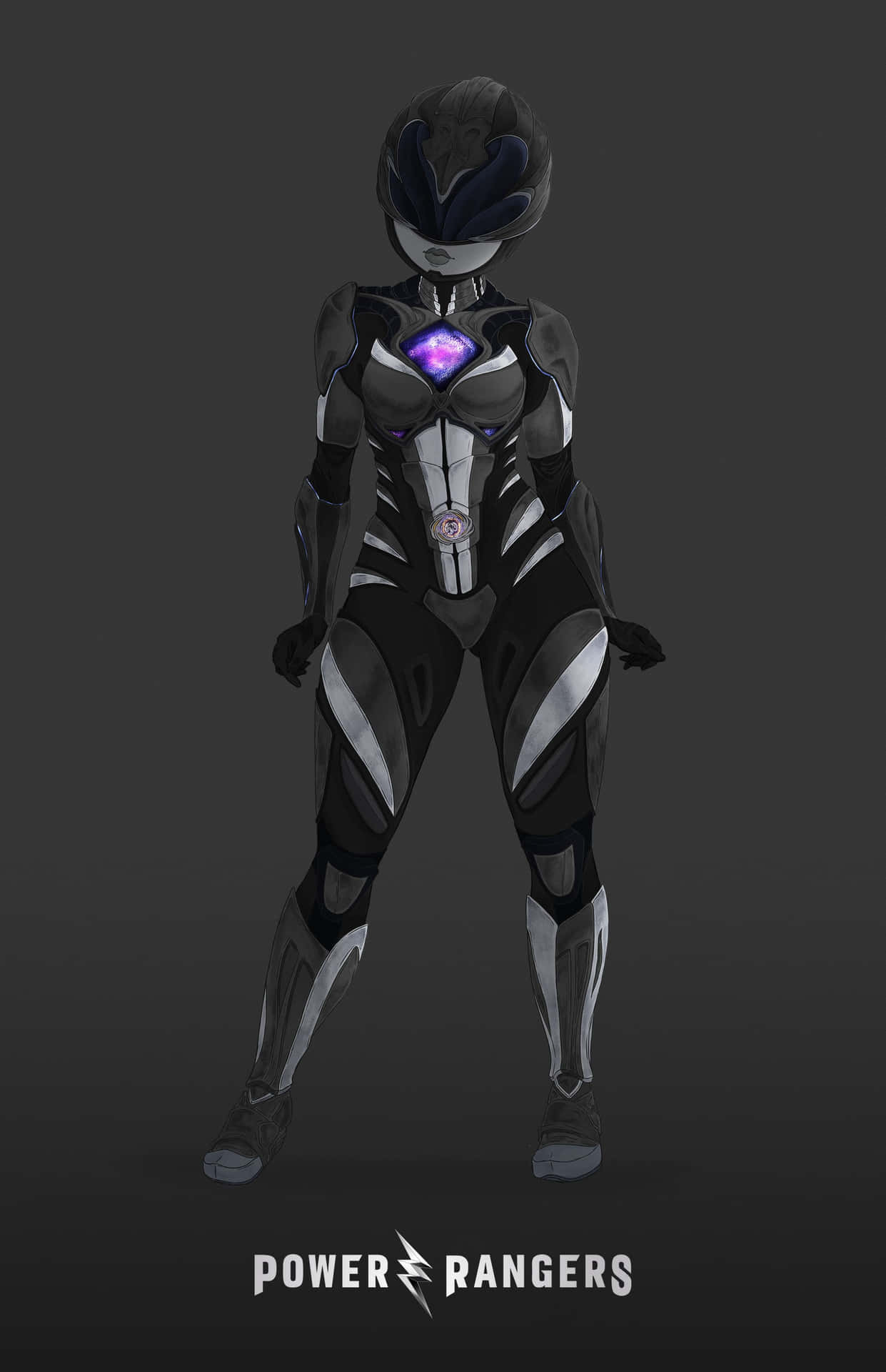  壁紙 — 一個女性Power Rangers角色，身穿時尚的黑色和銀色套裝，胸前有發光的紫色標誌，站在深灰色背景前。
