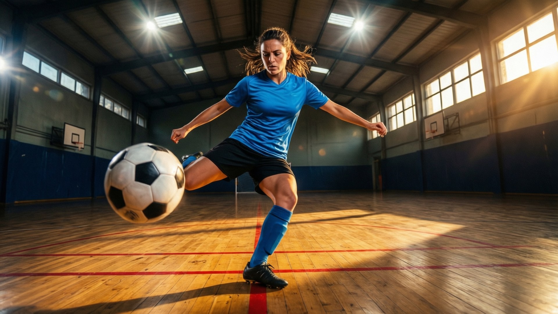 Futsal 桌布 壁紙 — 一位身穿藍色球衣的女足球運動員在陽光照射的室內體育館中專注地踢球。