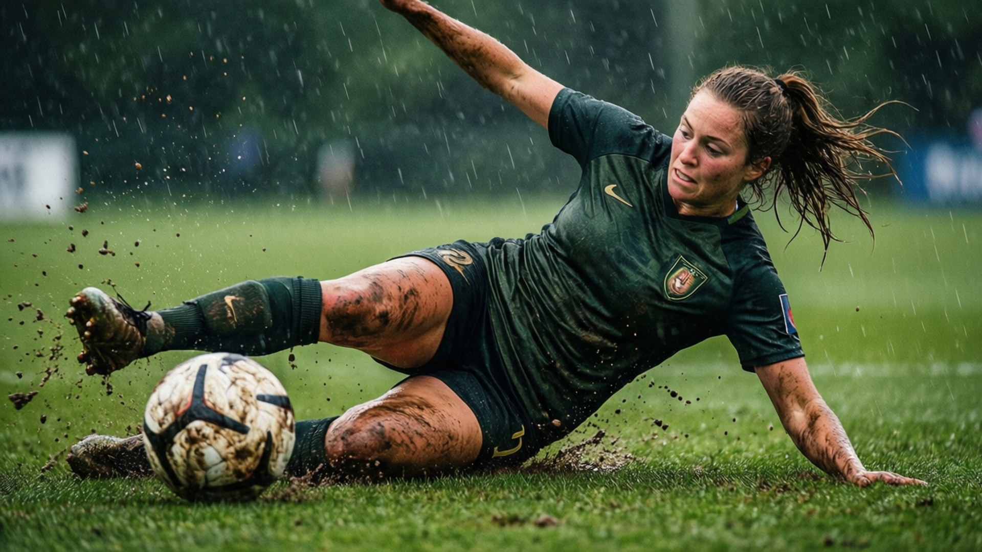 becky sauerbrunn 桌布 壁紙 — 一名女足球員在泥濘和雨中滑行，在潮濕的草地上搶球。