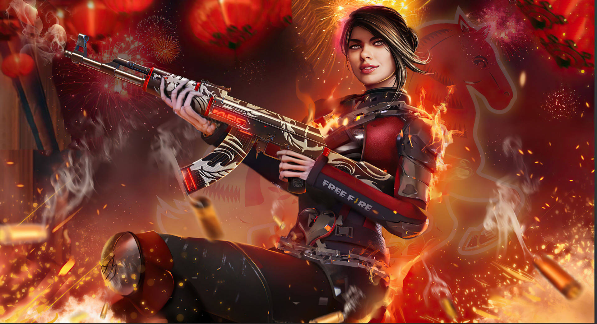 來自 Free Fire 遊戲的火焰戰鬥場景中，女兵開槍射擊。 — Free Fire 壁紙