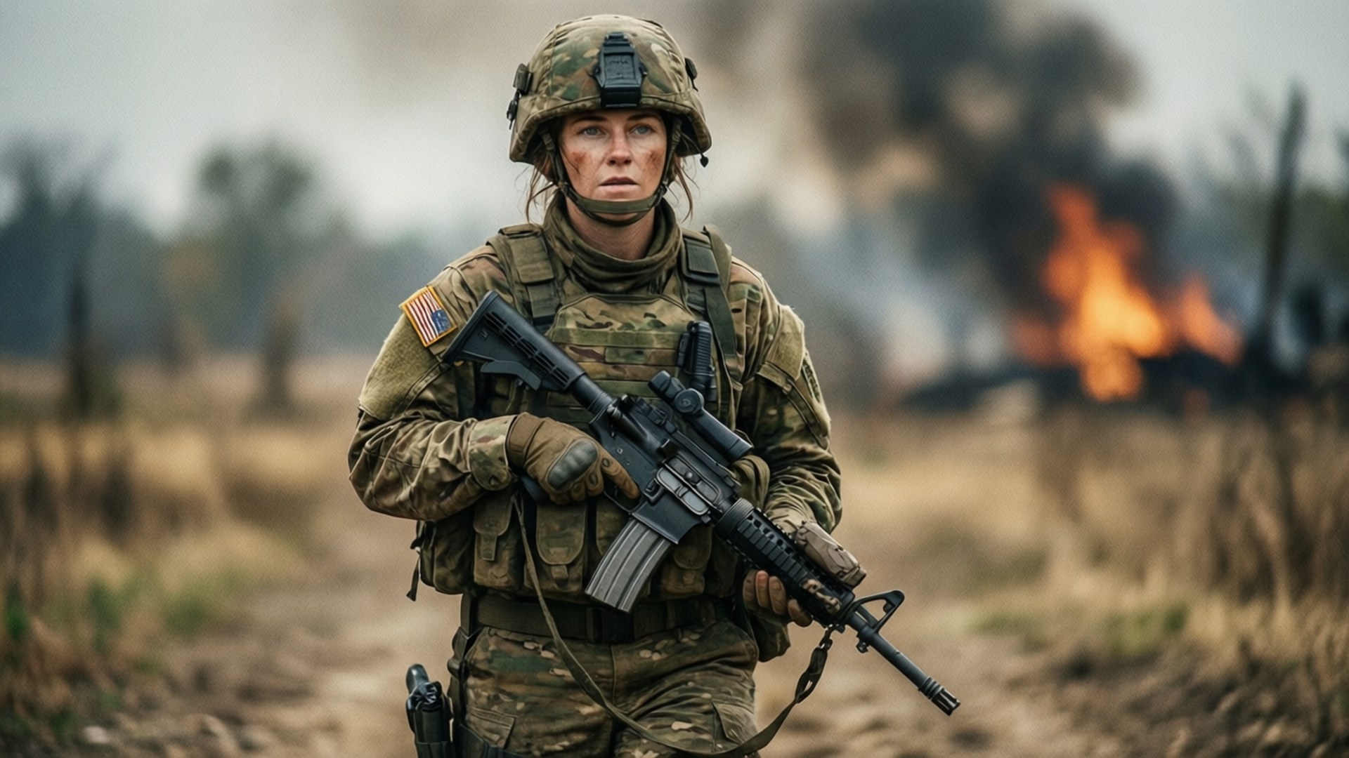 Kayce Dutton Military 壁紙 — 一名身穿迷彩裝備的女兵在煙霧瀰漫的田野中持步槍站立，遠方有火焰。