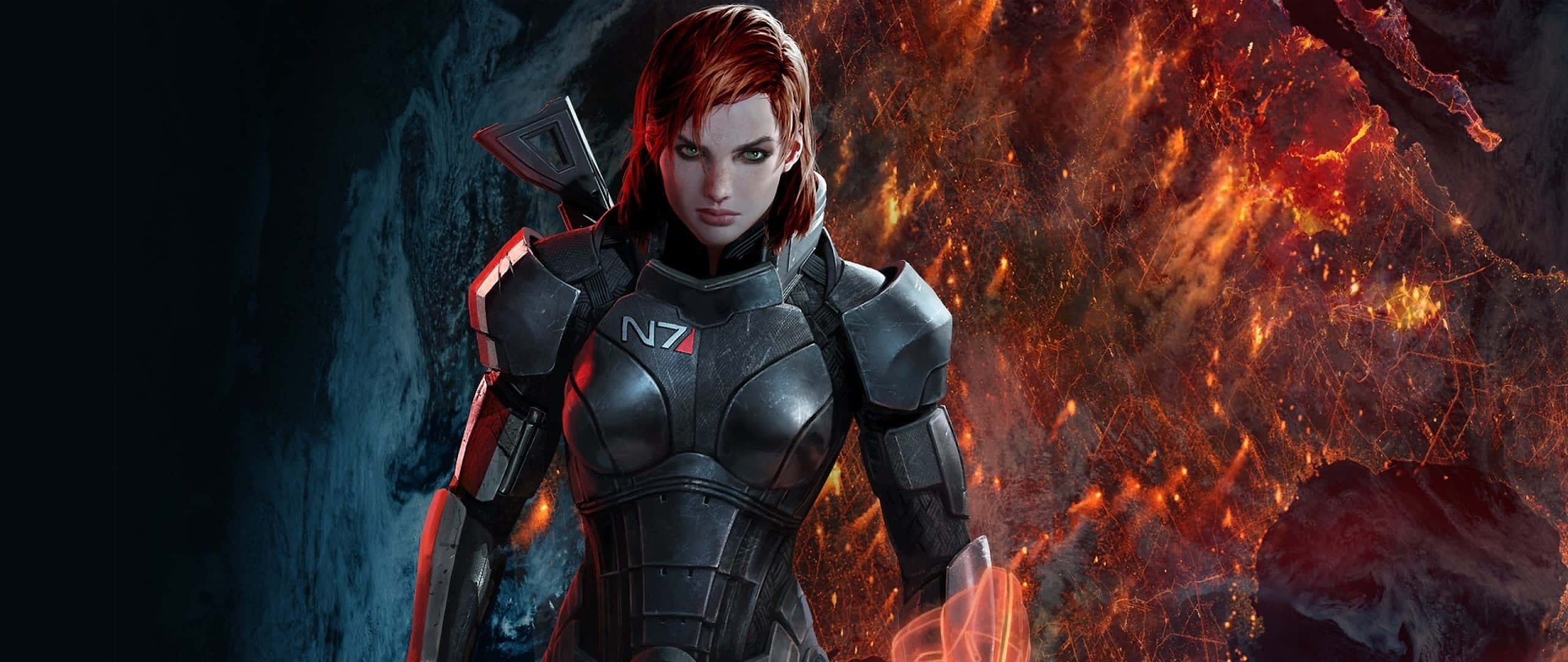 Mass Effect Femshep 桌布 壁紙 — 一名身穿深色N7裝甲的女兵，在熾熱熔岩和冰冷藍色岩層的背景前挑釁地站立。