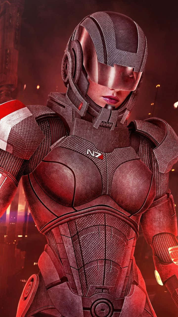 Mass Effect Trilogy 桌布 壁紙 — 一名身穿精細紅黑N7裝甲的女兵，自信地站在發光的未來城市背景下。