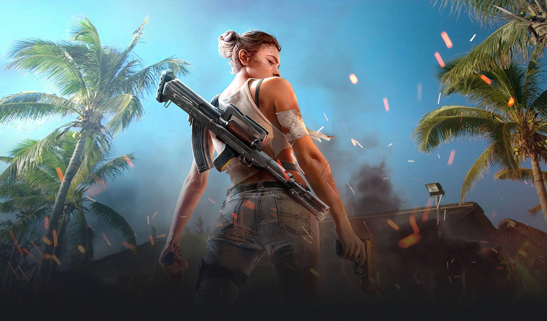 熱帶叢林中的女兵，在煙霧和火焰中手持步槍。 — Free Fire 壁紙
