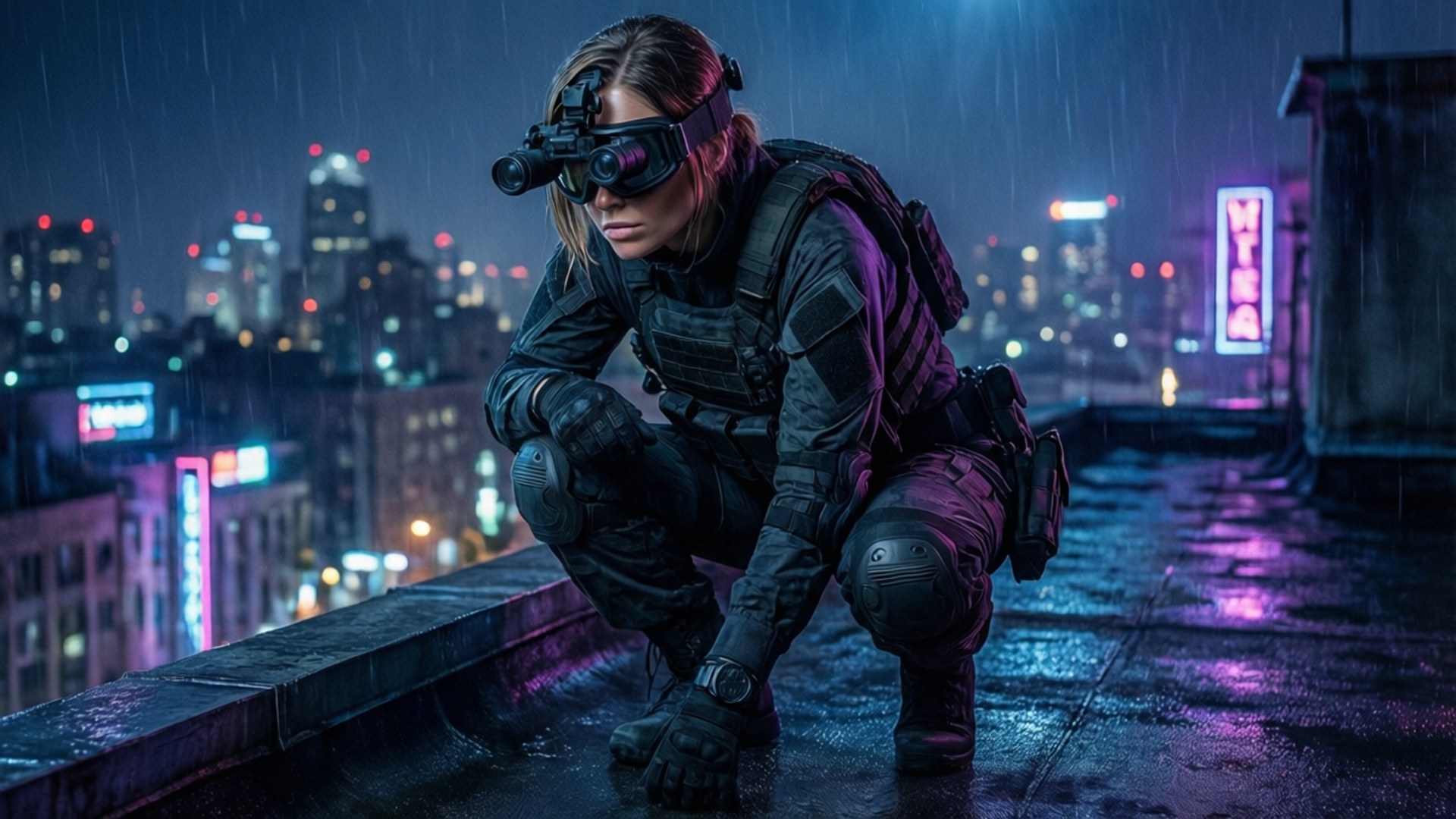 Cammy Night Ops 壁紙 — 一名身穿戰術裝備的女兵蹲在雨濕的屋頂上，俯瞰霓虹燈閃爍的夜景。