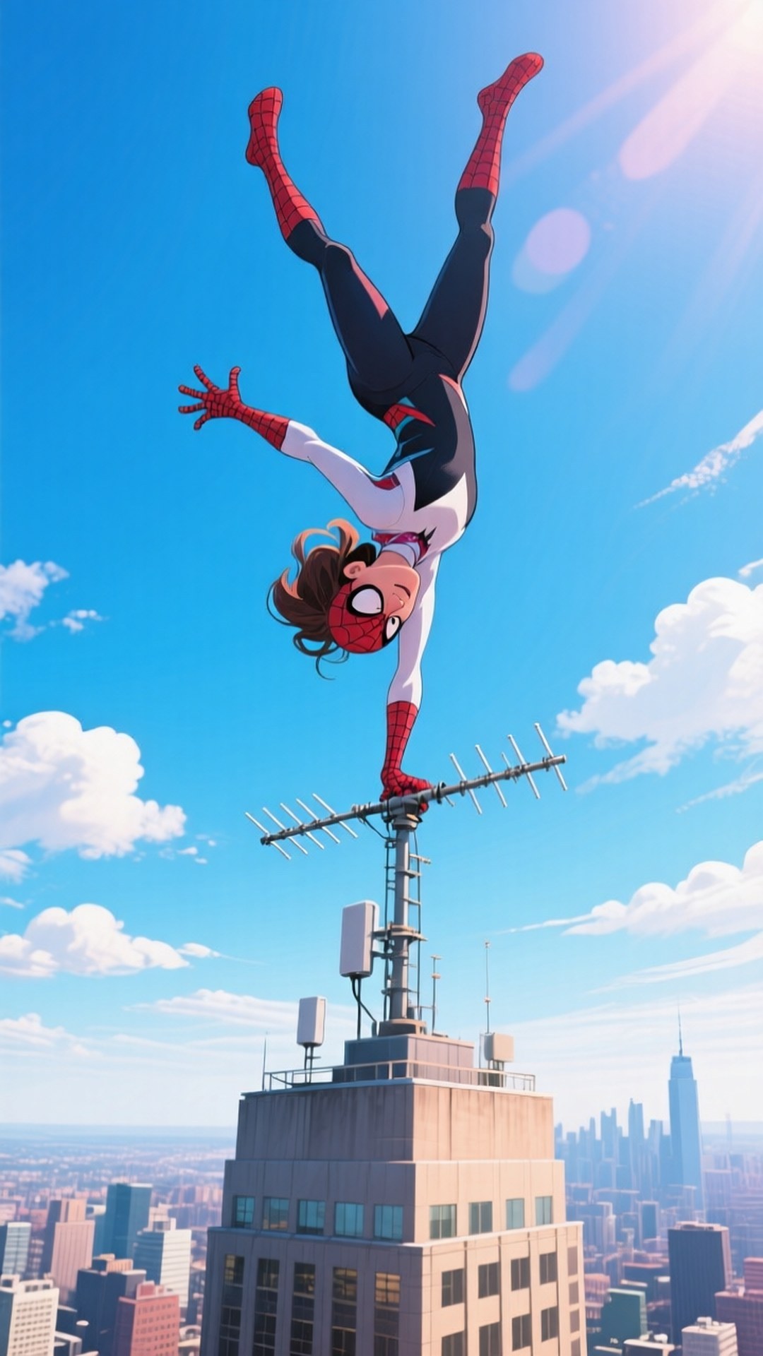 Upside Down Hero 壁紙 — 一位女性蜘蛛英雄倒掛在天線桿上，背景是明亮的藍天、蓬鬆的雲朵和下方廣闊的城市景觀。
