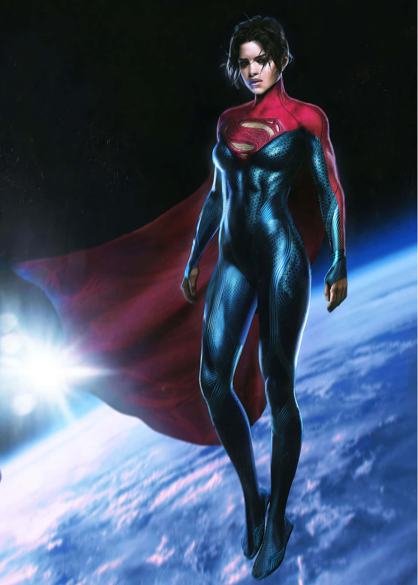  壁紙 — 一位身穿紅藍緊身衣、披風飄揚的女性超級英雄，在繁星點點的夜空和明亮的太陽耀斑襯托下，漂浮在地球上空。