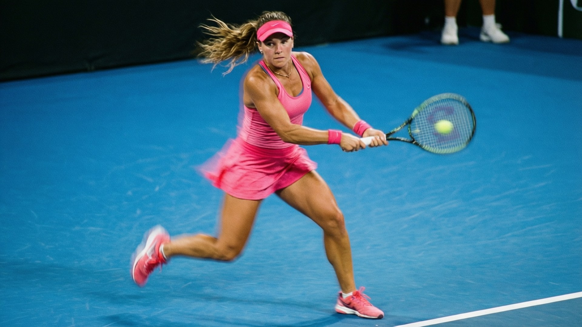 Forehand Power 壁紙 — 一位身穿鮮豔粉紅色服裝的女網球選手在藍色球場上揮動球拍擊打黃色球。