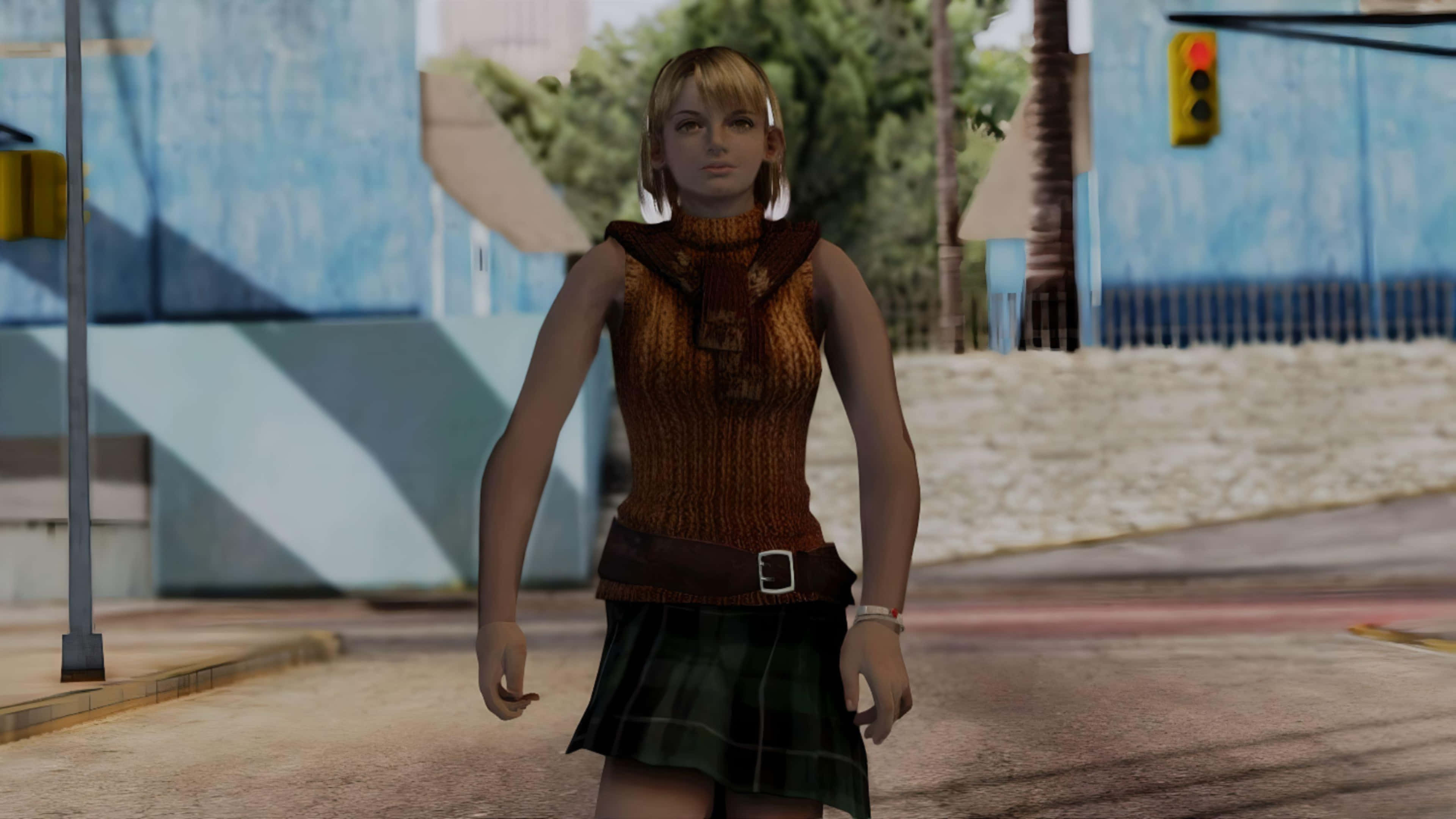 Resident Evil Ashley Graham 桌布 壁紙 — 一位身穿棕色上衣和格子裙的女性電子遊戲角色，在陽光明媚的都市街道上行走，街道上有棕櫚樹和交通號誌。