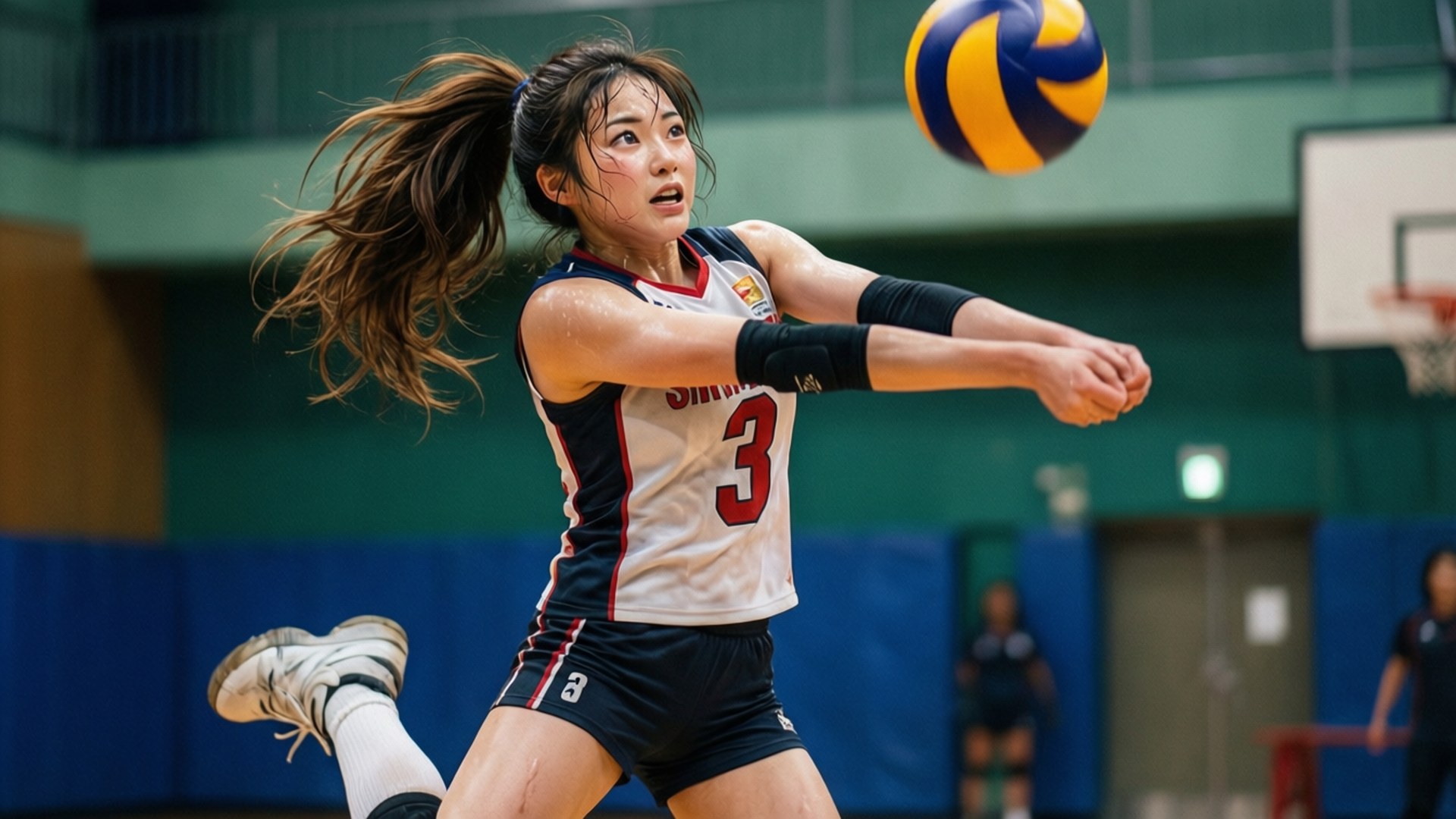 Miku Spikes a Ball 壁紙 — 一名身穿白色和海軍藍色制服、號碼3的女排球員在室內體育館跳起扣殺一個黃藍色的排球。