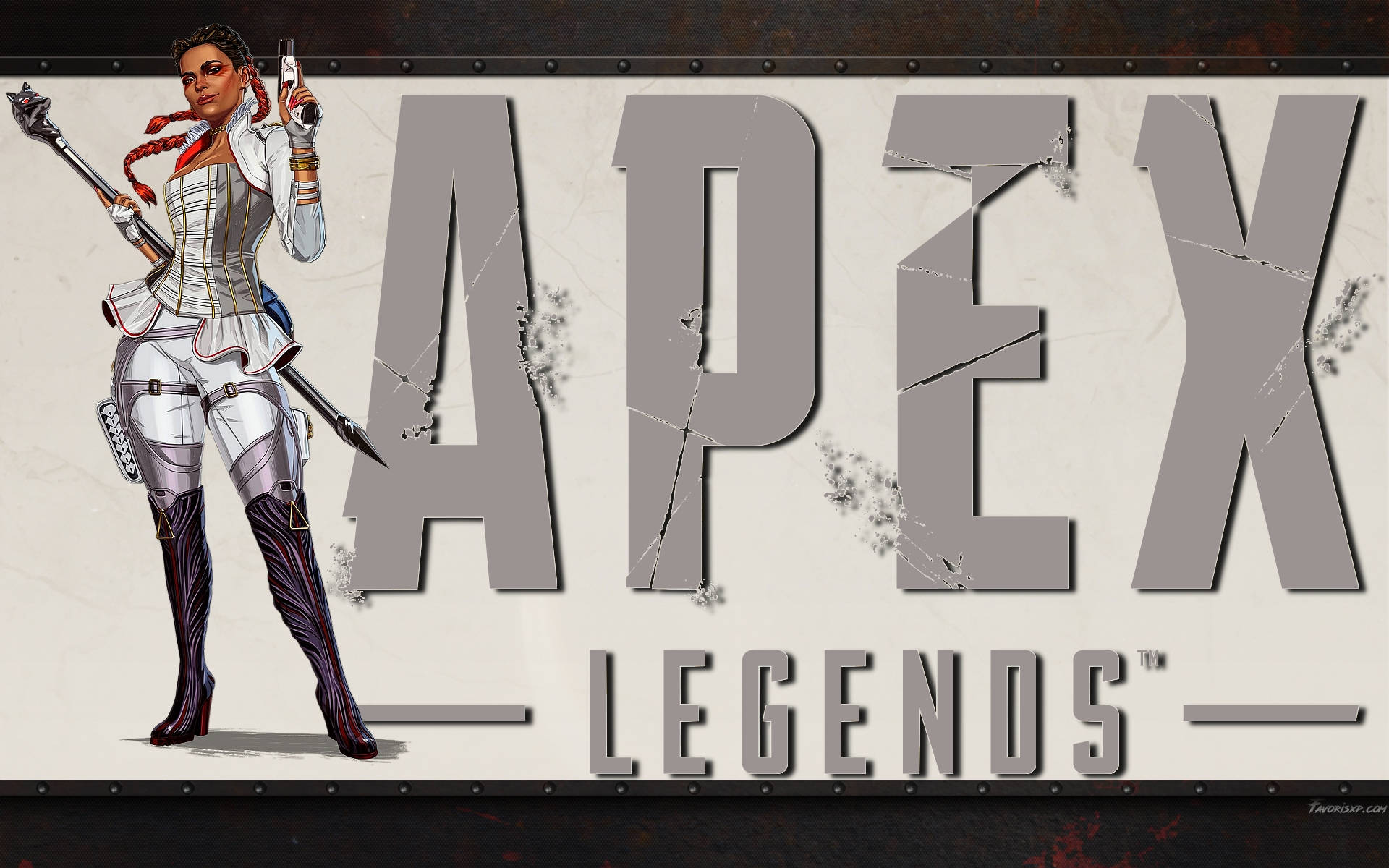 身穿白色裝備的女性Apex Legends角色，在破裂標誌旁手持武器。 — Lofi 壁紙