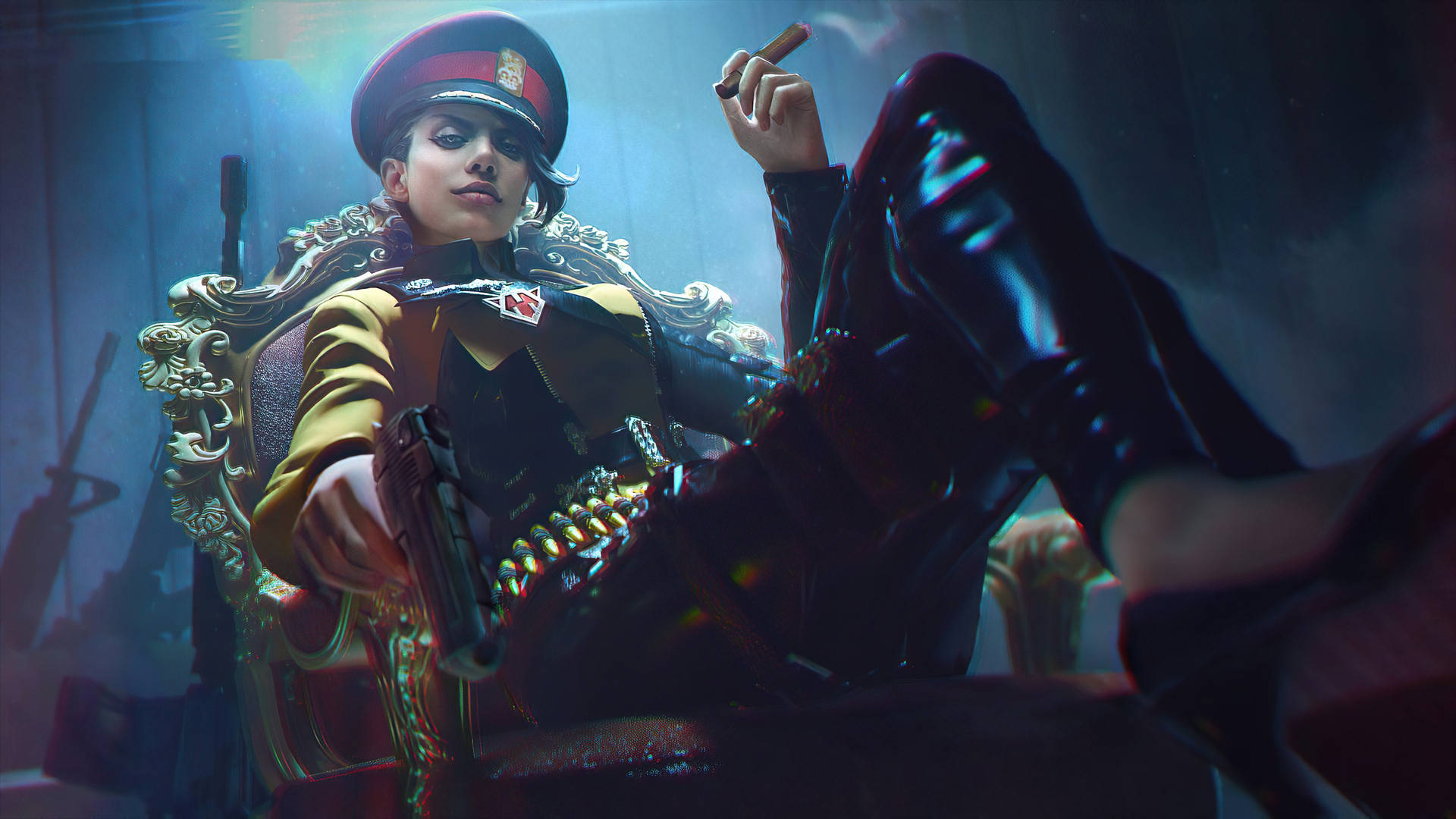 一位穿著軍裝的時尚女性坐在王座上，手持槍和雪茄。 — Free Fire 壁紙