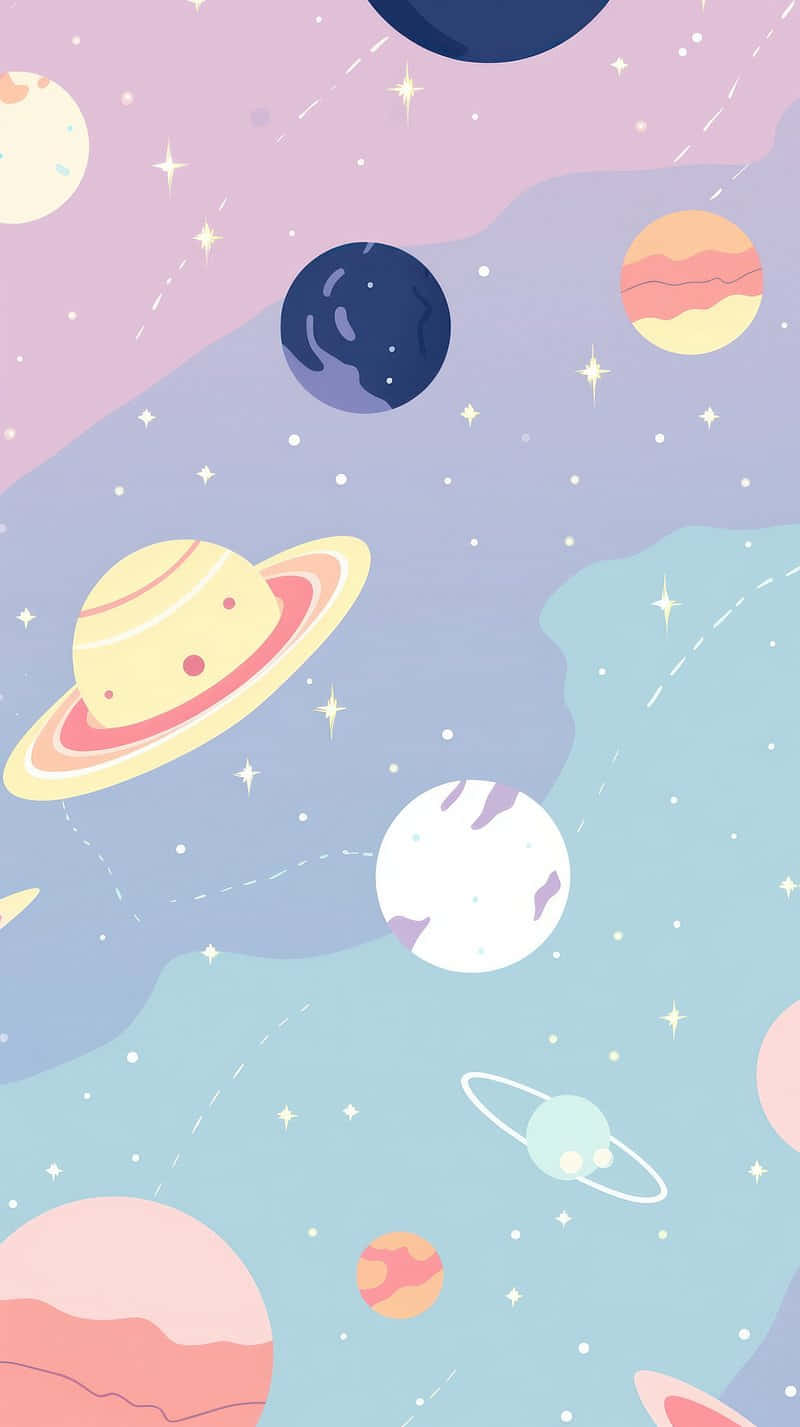 壁紙 — 粉彩卡通行星和星星在夢幻漸變天空中漂浮，營造出奇妙的太空場景。
