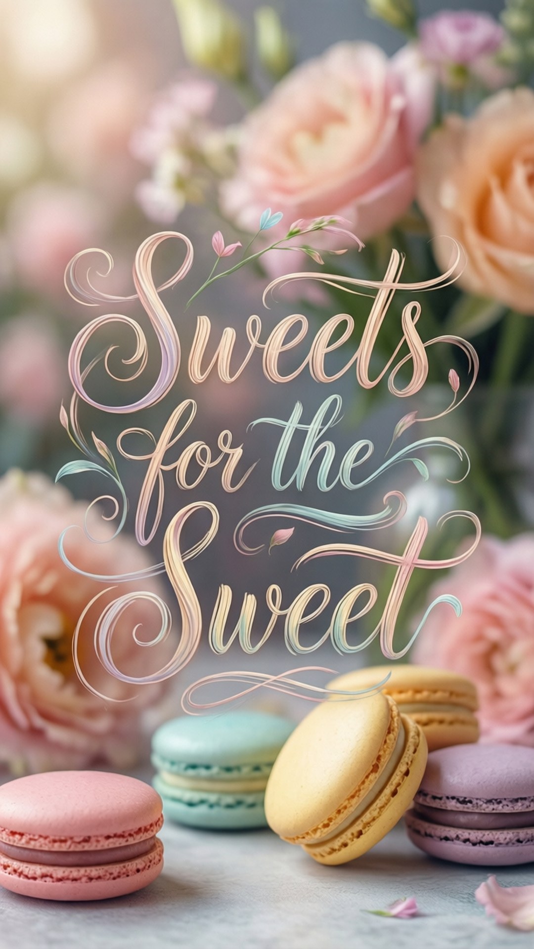 Sweets for the Sweet 壁紙 — 粉彩馬卡龍和柔和的粉紅玫瑰框住優雅的手寫文字「Sweets for the Sweet」，背景柔和。