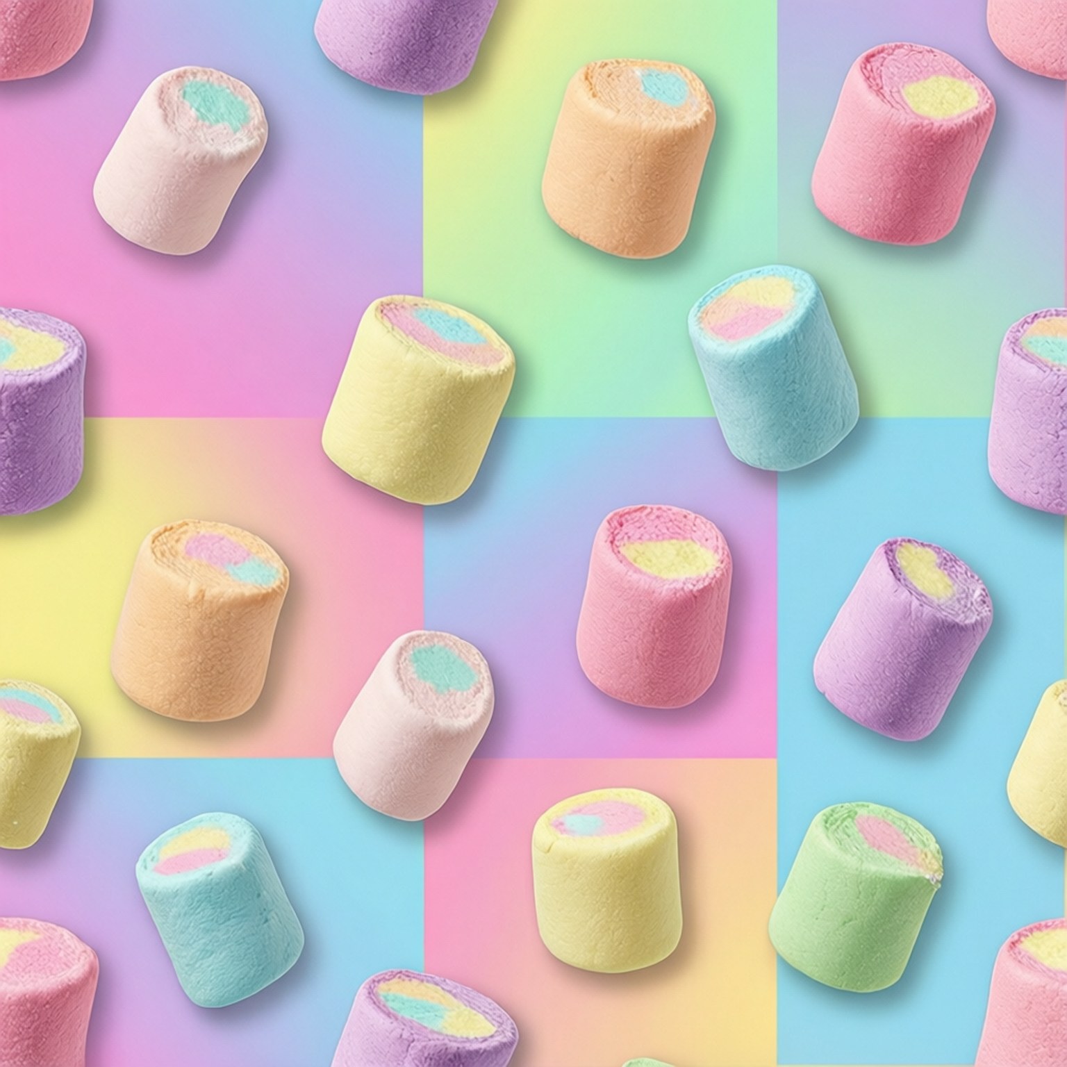 Marshmallow Pattern Seamless 壁紙 — 粉彩棉花糖帶有彩虹漩渦，放置在柔和彩色方塊的鮮明幾何背景上。