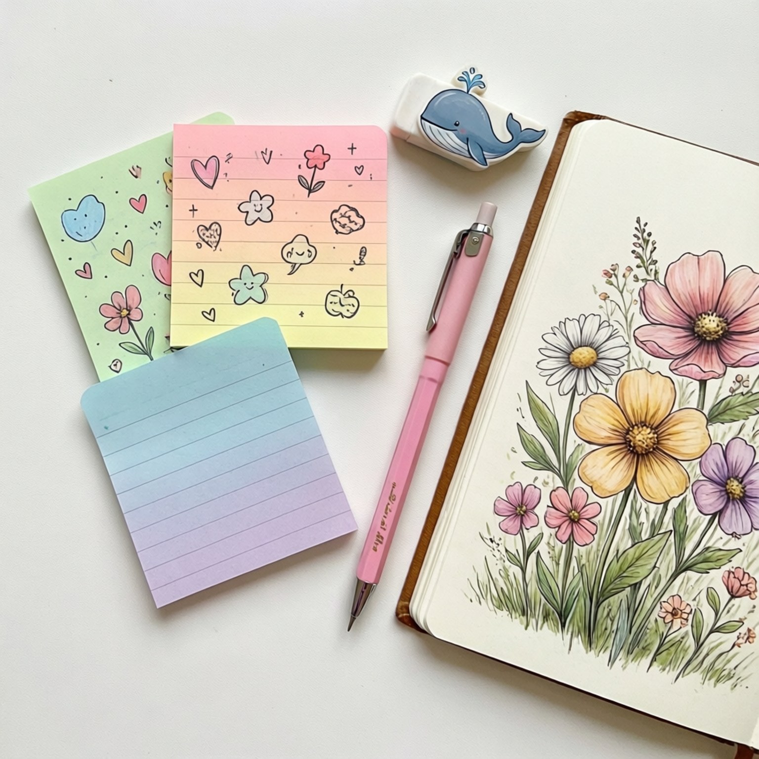 Cute Stationery Spread 壁紙 — 粉彩色便利貼上有可愛塗鴉，旁邊有粉紅色筆和鯨魚形橡皮擦，旁邊是花卉圖案筆記本。