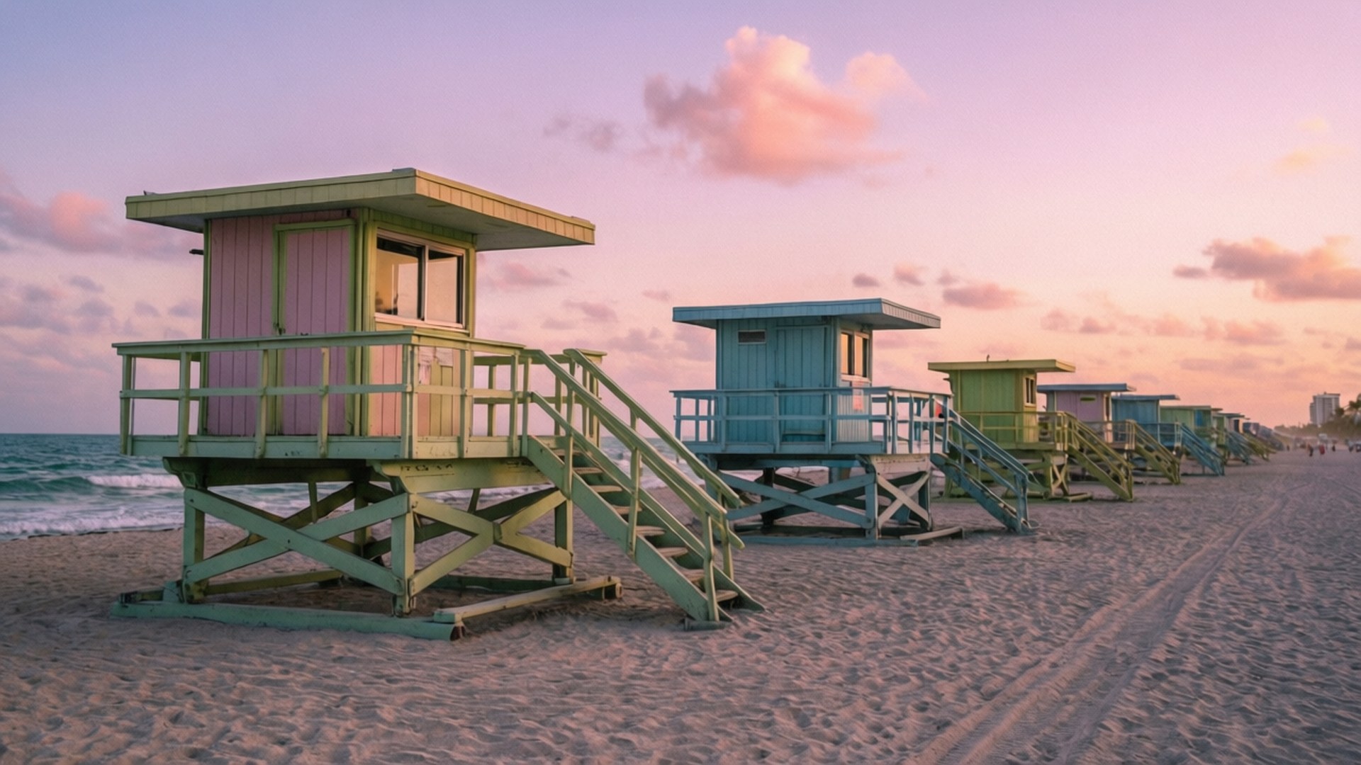 Pastel Lifeguard Morning 壁紙 — 粉彩色的救生塔排列在沙灘上，夕陽下上方有柔和的粉紅色和橙色雲彩。