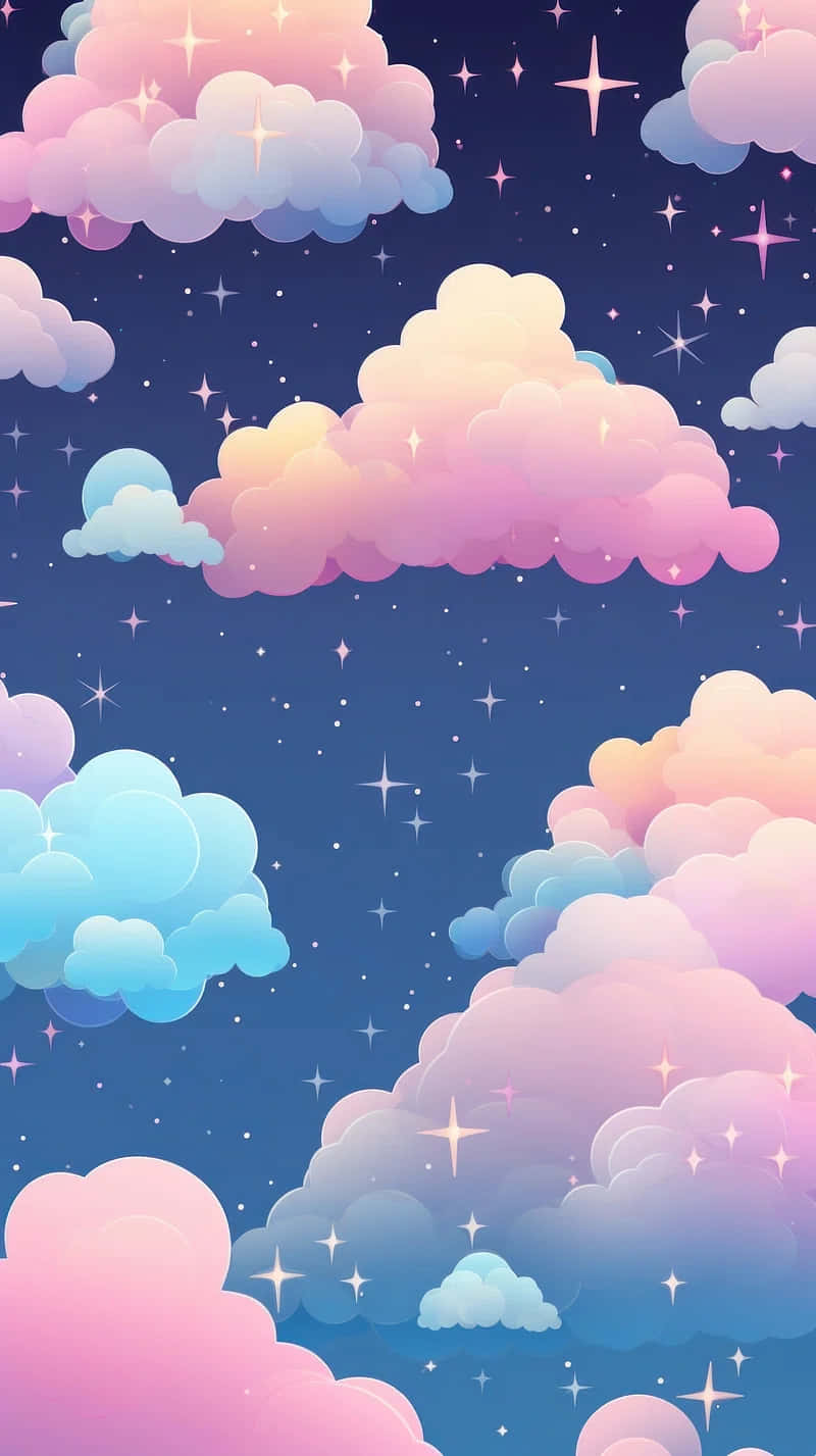  壁紙 — 粉彩色的雲朵漂浮在繁星點點的夜空，散發著柔和的粉紅、藍色和黃色光芒。