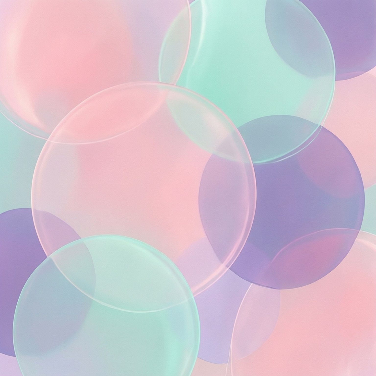Pastel Abstract Circles 壁紙 — 粉紅、薄荷和薰衣草色的半透明粉彩氣泡重疊，柔和地漂浮在漸變背景上。