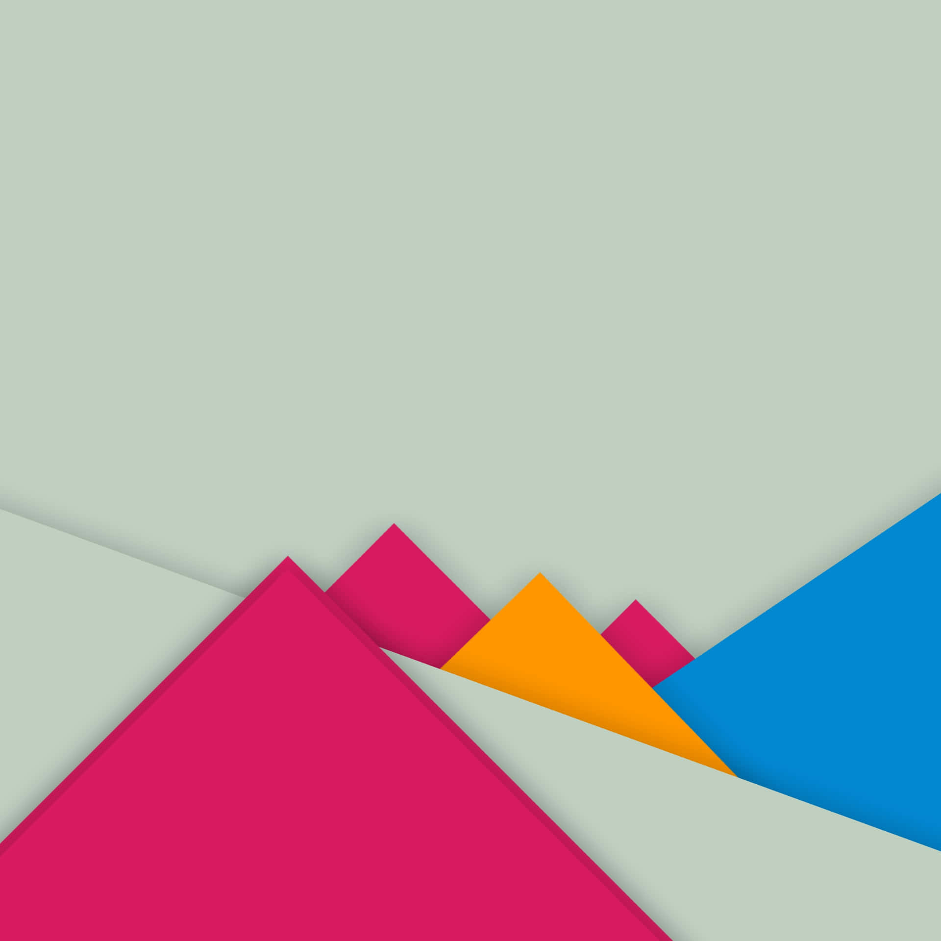  壁紙 — 粉紅、橙色和藍色的鮮豔幾何形狀從柔和的薄荷色背景中探出，營造出現代抽象構圖。