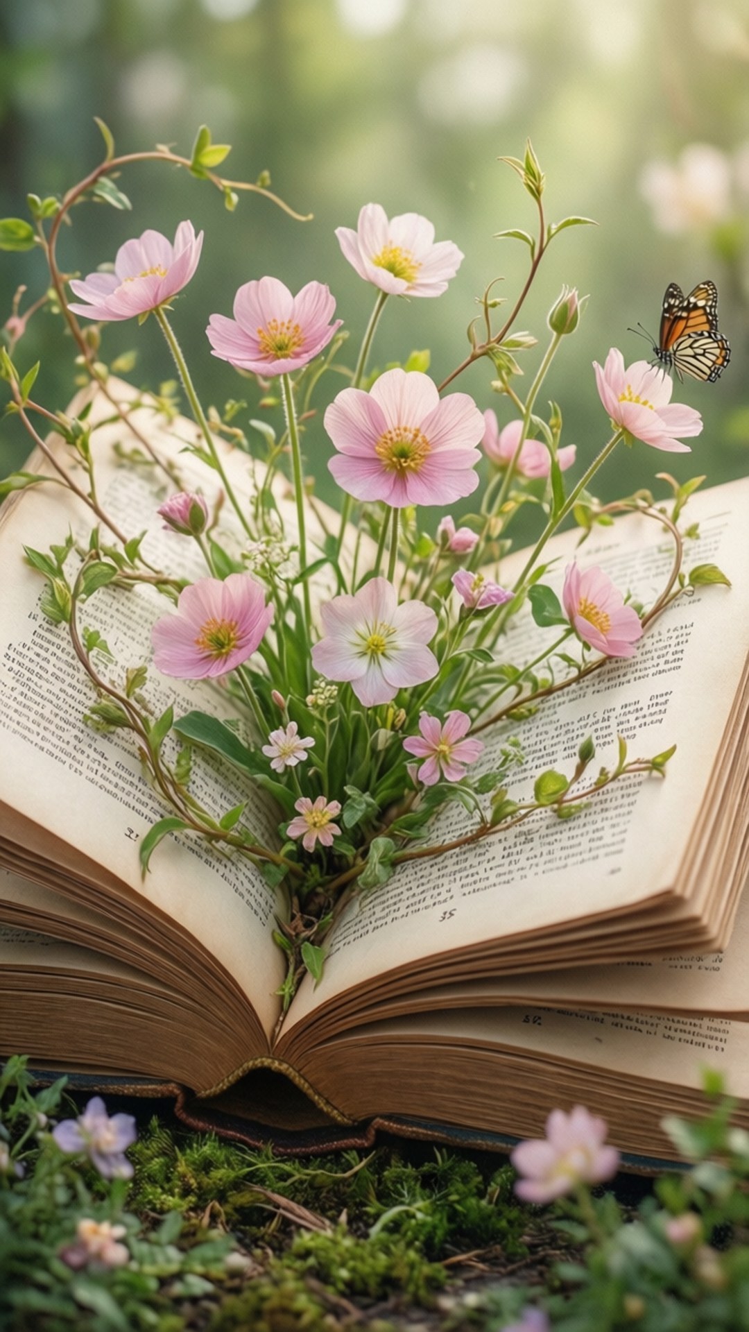 Blooming Pages 壁紙 — 粉紅花朵和帝王蝶從一本放在苔蘚地面上的打開書中出現。