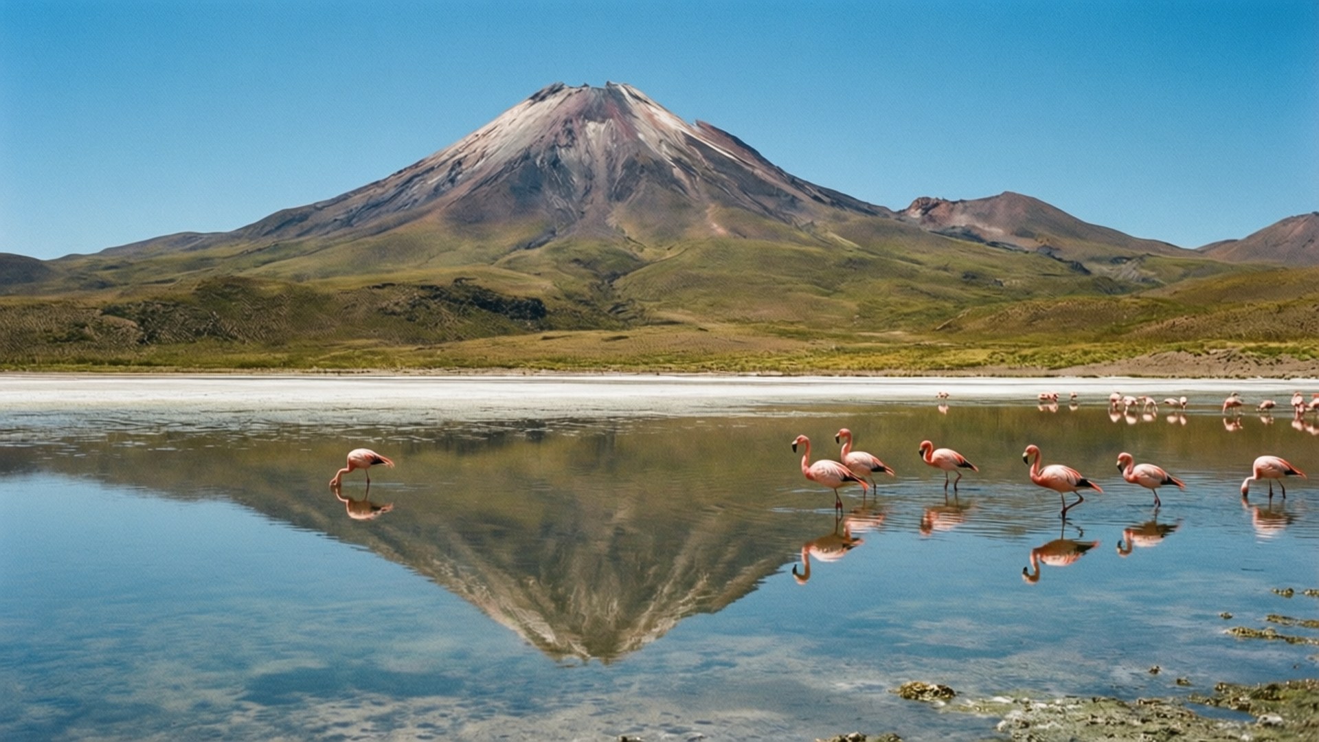 Lauca Lake Flamingos 壁紙 — 粉紅火鶴在平靜的水中涉水，水面倒映著藍天白雲下的雪山。