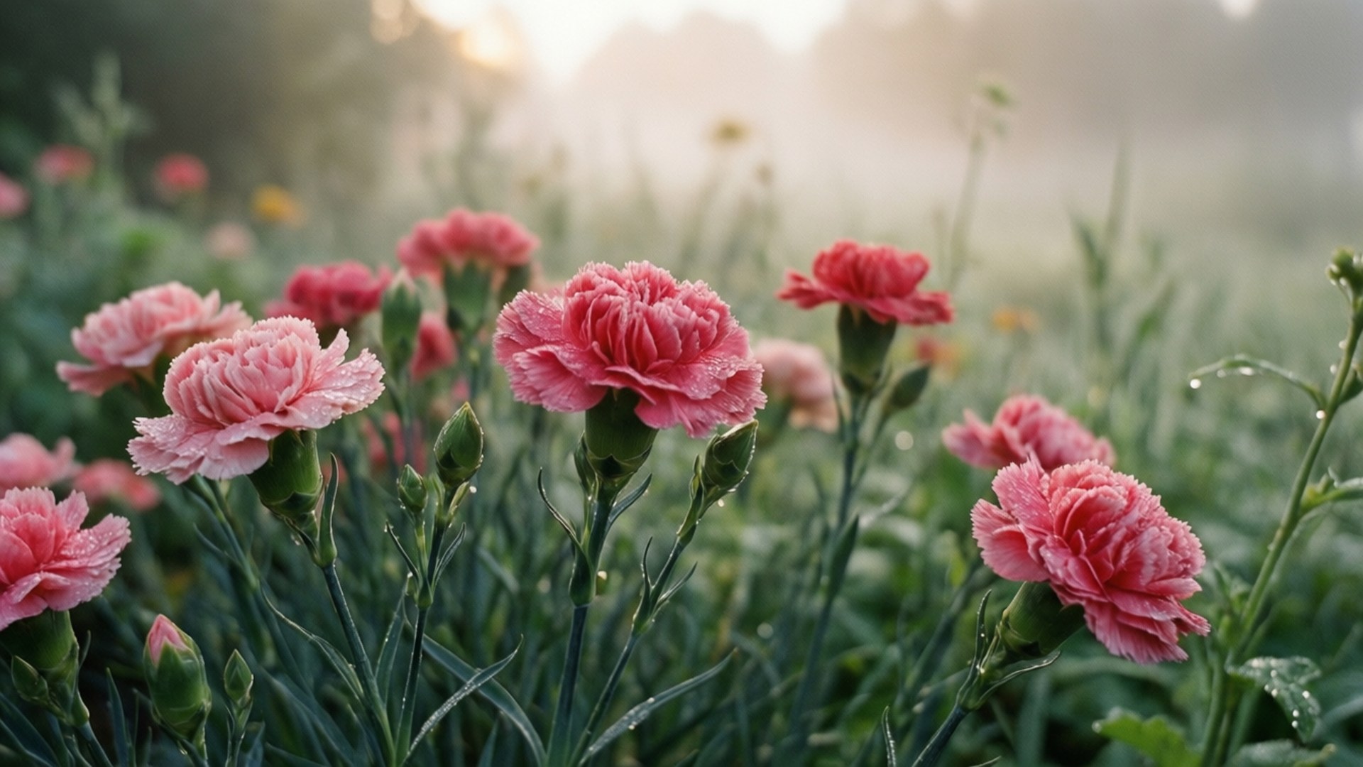 Morning Fog Garden Carnations 壁紙 — 粉紅康乃馨在柔和晨霧中閃爍著露珠，模糊的綠色葉片和金色的日出光芒。