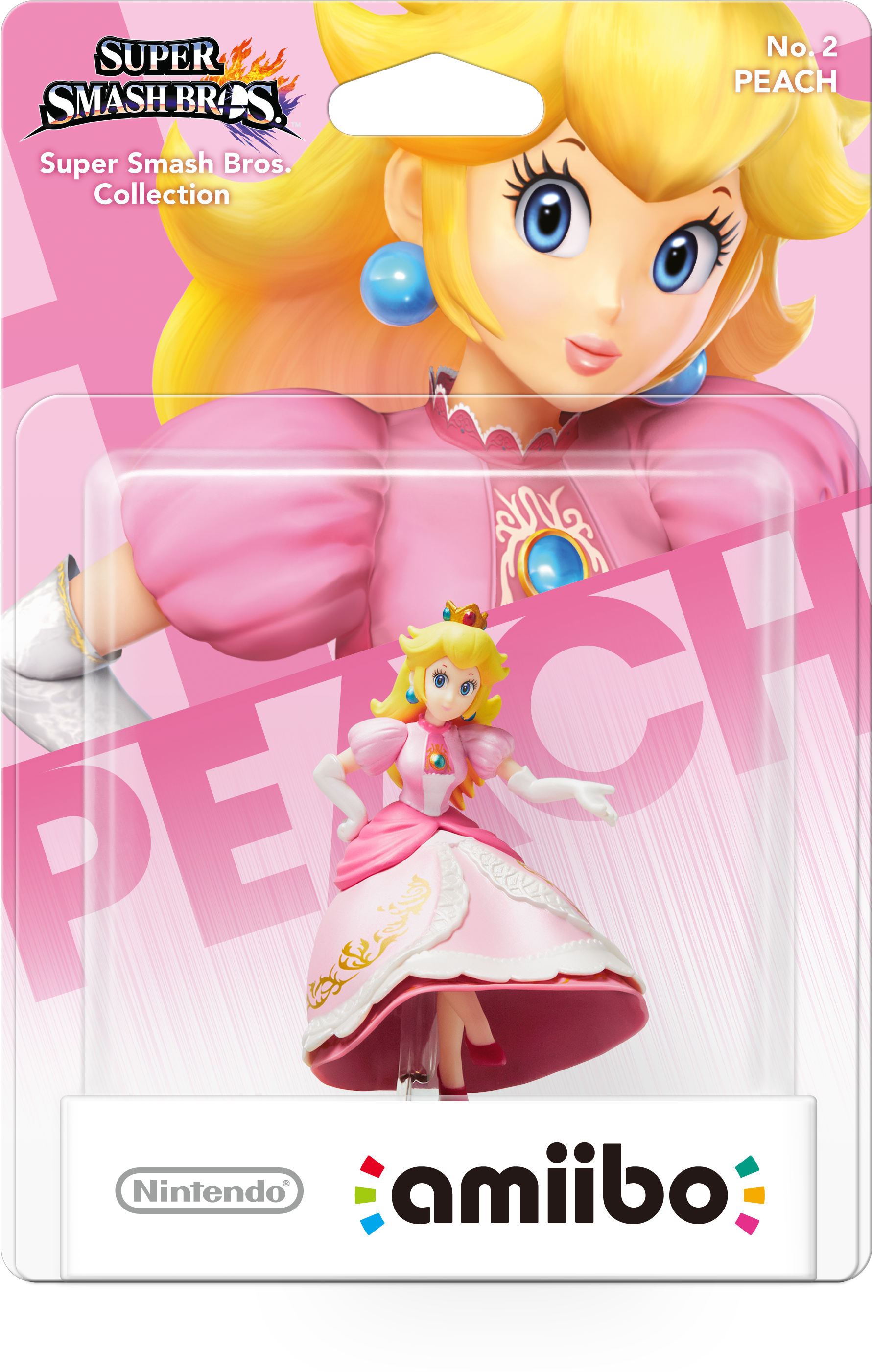 遊戲 桌布 壁紙 — Super Smash Bros. 的粉紅色包裝 Peach 公主 amiibo 人偶，上方有她較大的插圖肖像。