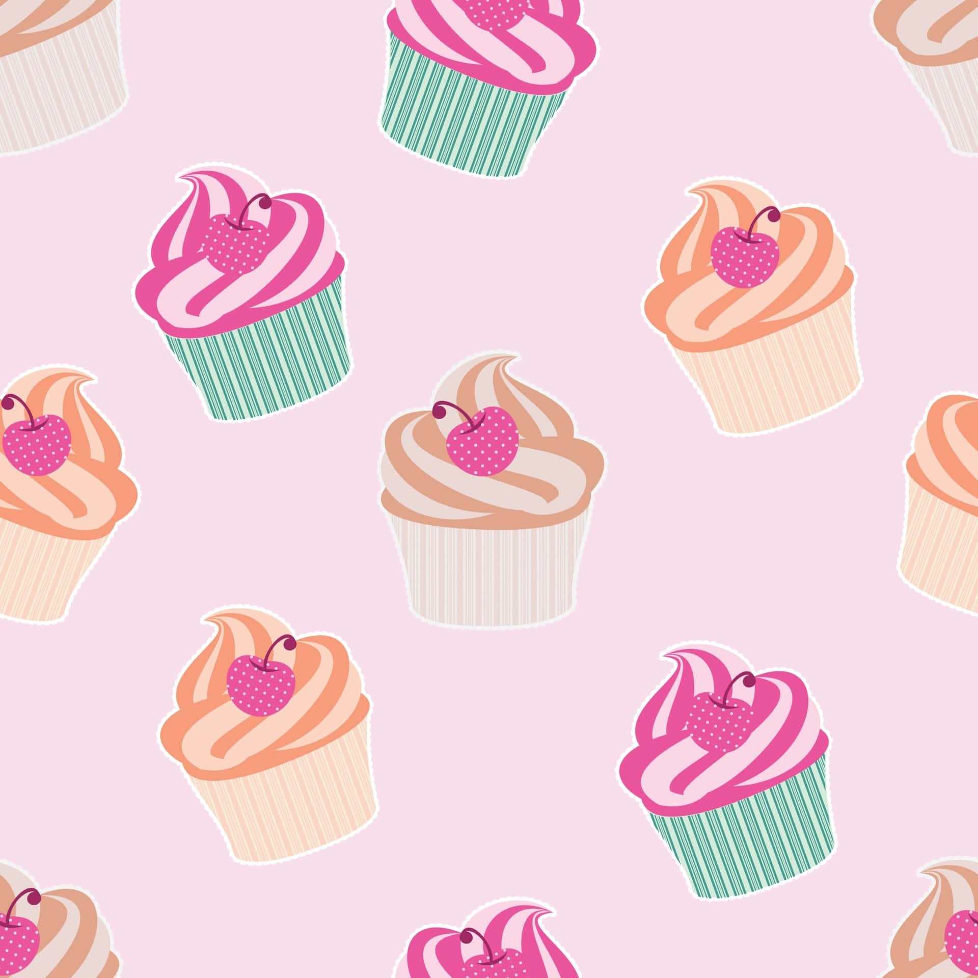 Cute Cupcake 桌布 壁紙 — 粉紅色背景上重複的卡通杯子蛋糕，上面有漩渦和櫻桃。