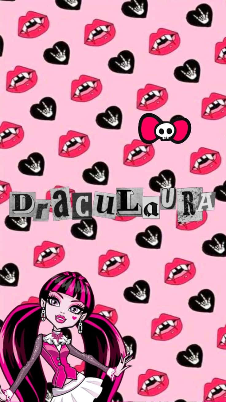  壁紙 — 粉紅色壁紙，Draculaura 帶有吸血鬼嘴唇和心形圖案在背景中重複。