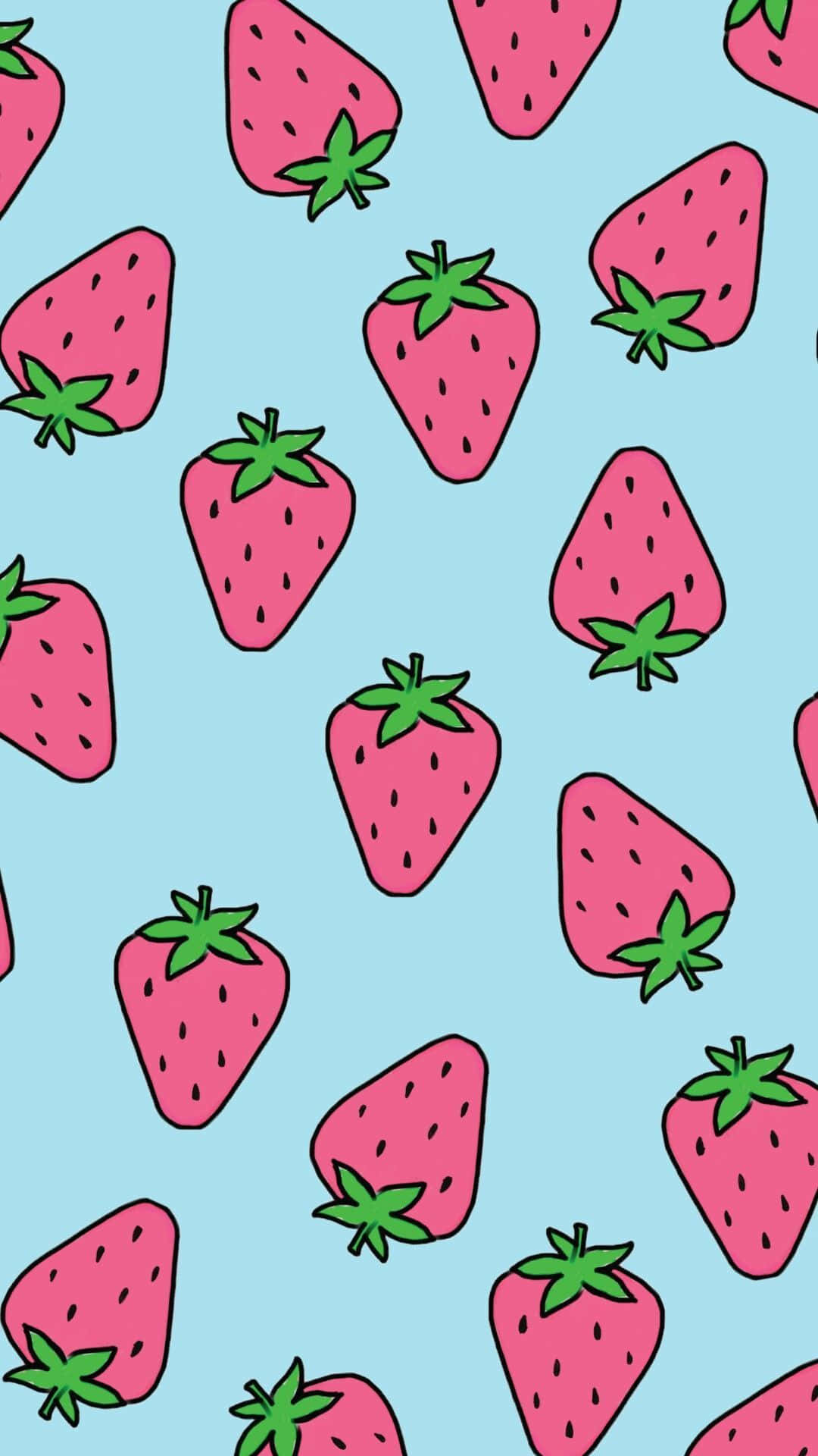 Cute Strawberry 桌布 壁紙 — 粉紅色的草莓配綠色葉子，在淺藍色背景上以俏皮的重複圖案漂浮。