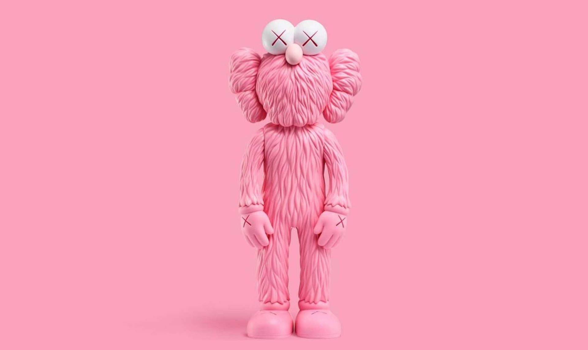 純粉紅色背景上的粉紅色KAWS角色，有交叉眼。 — Kaws 壁紙